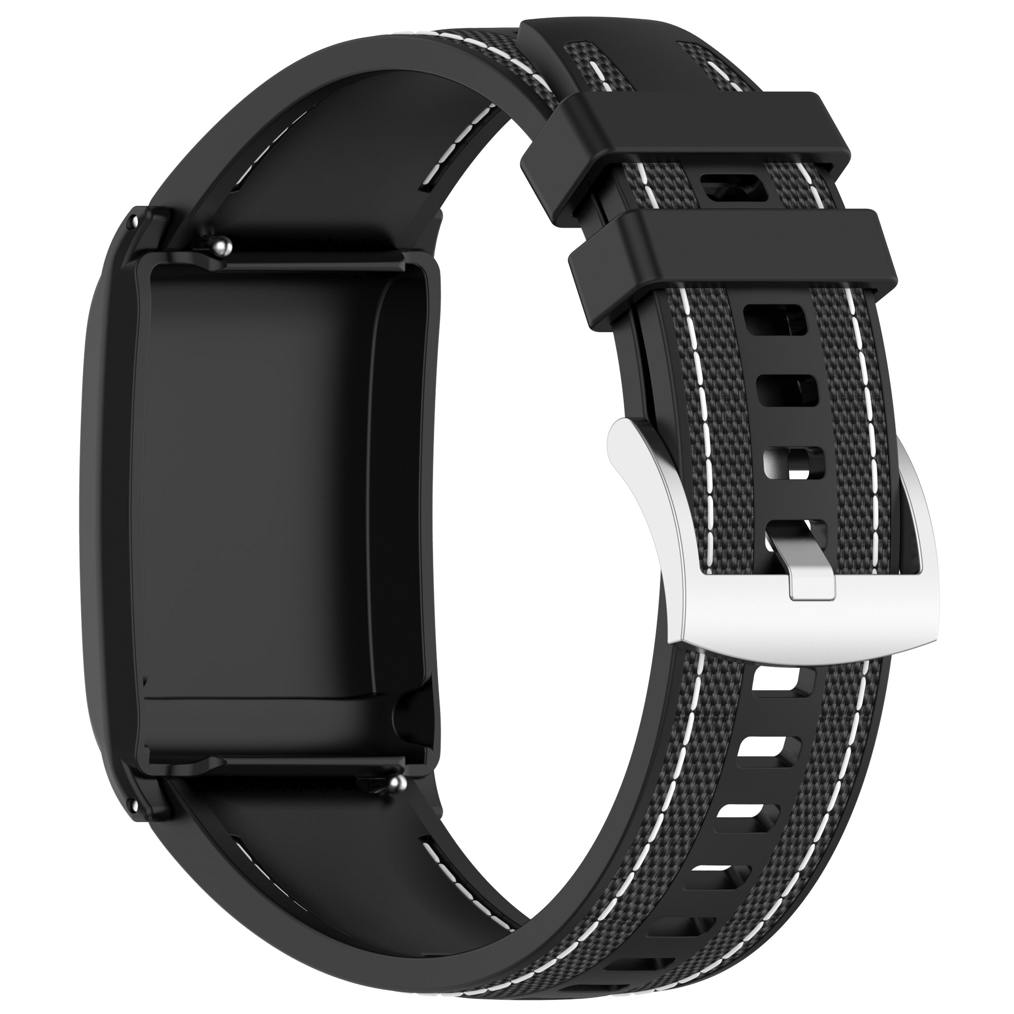 Cinturino nero per smartwatch con cuciture bianche e fibbia argentata. Design bianco e nero.