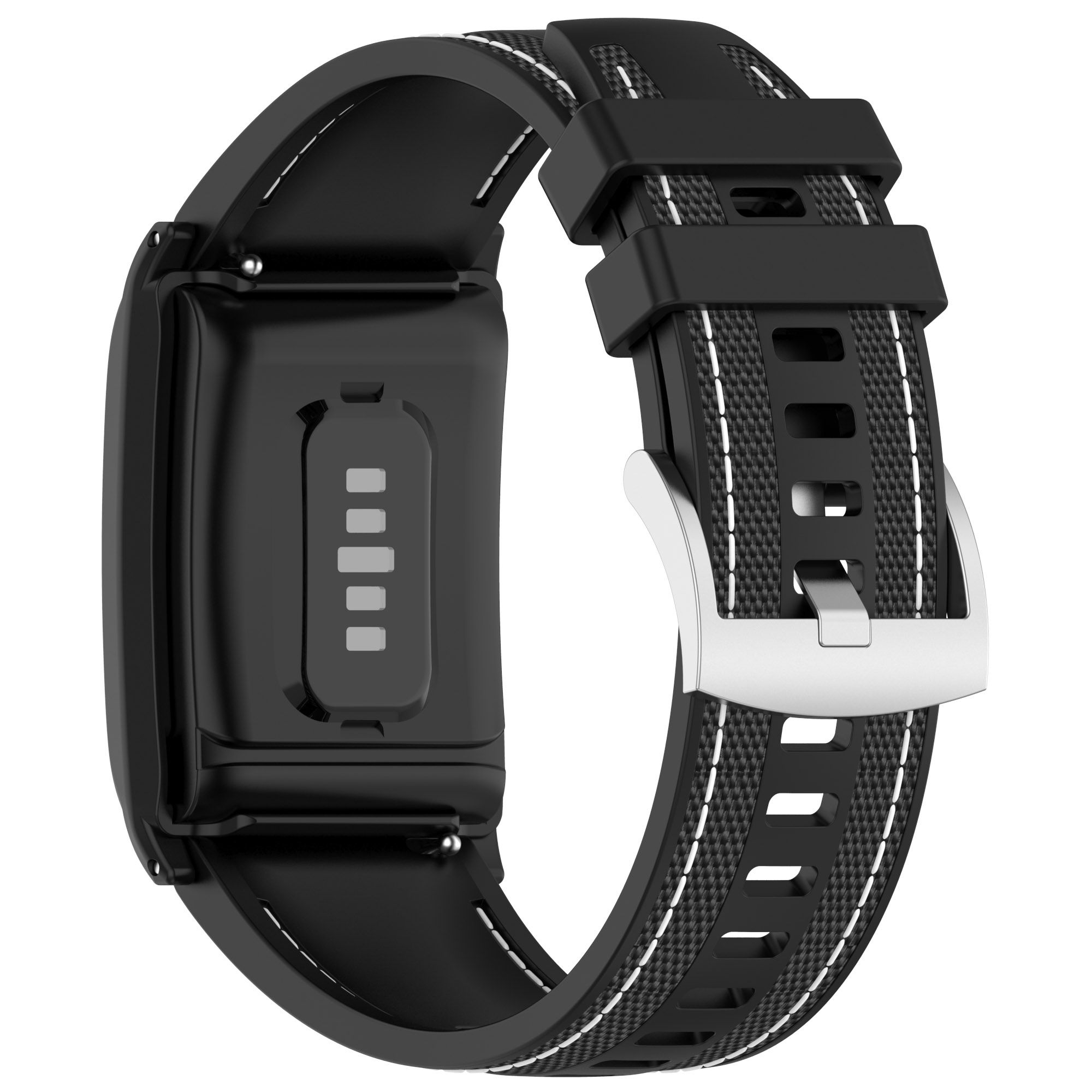 Cinturino nero per smartwatch con cuciture bianche e fibbia argentata.