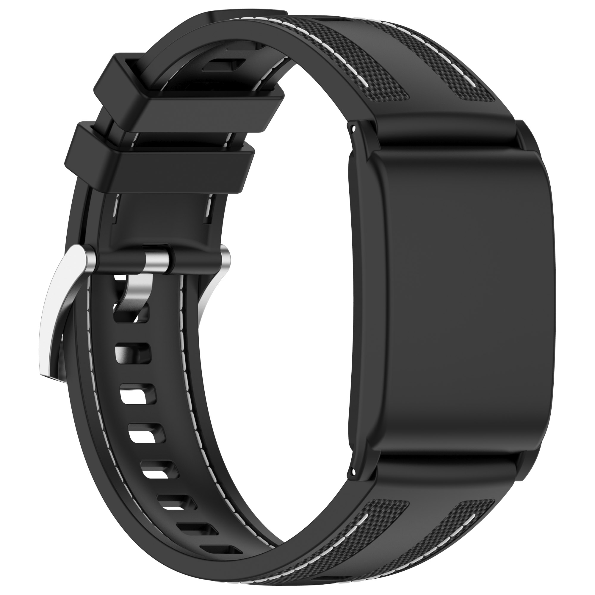 Cinturino nero con sezione rettangolare e fibbia argentata, con design strutturato.