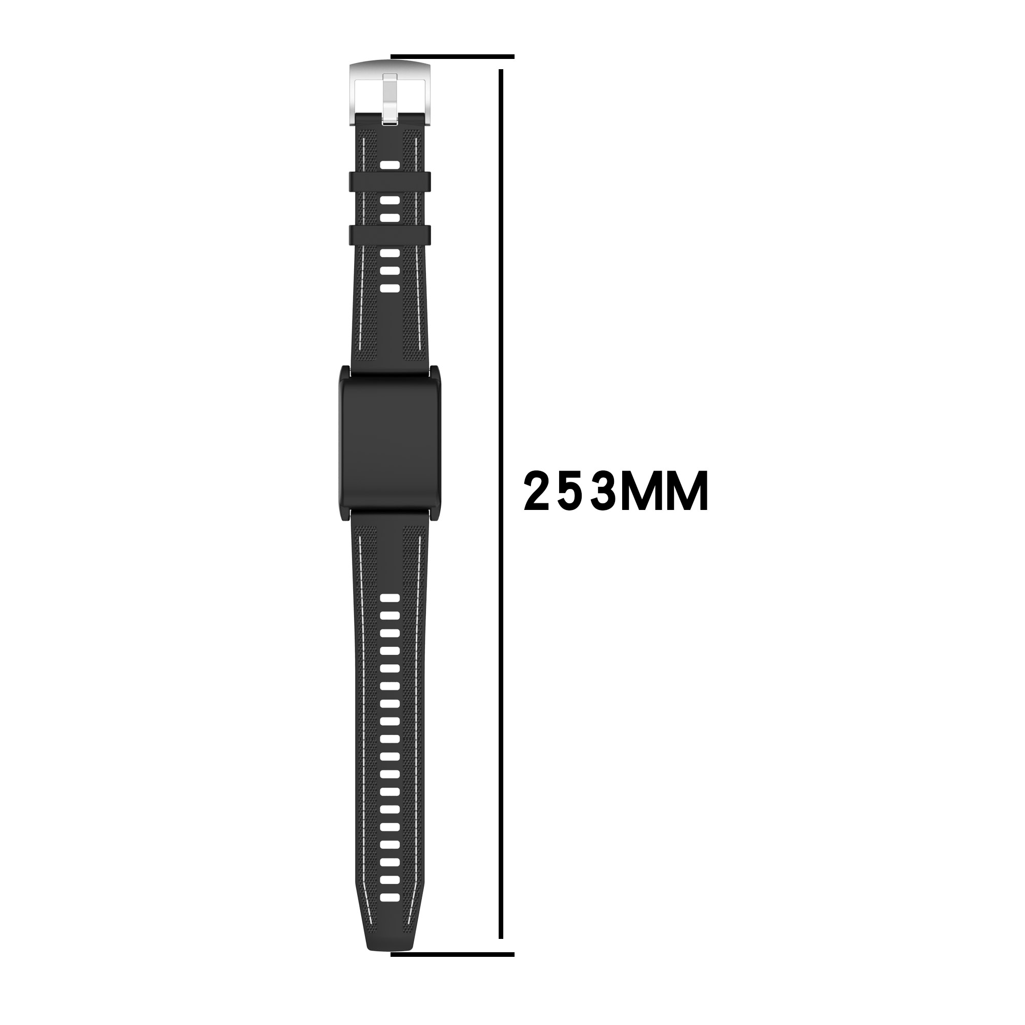 Uno smartwatch nero con schermo rettangolare e cinturino nero, che mostra una misurazione di 253 mm.