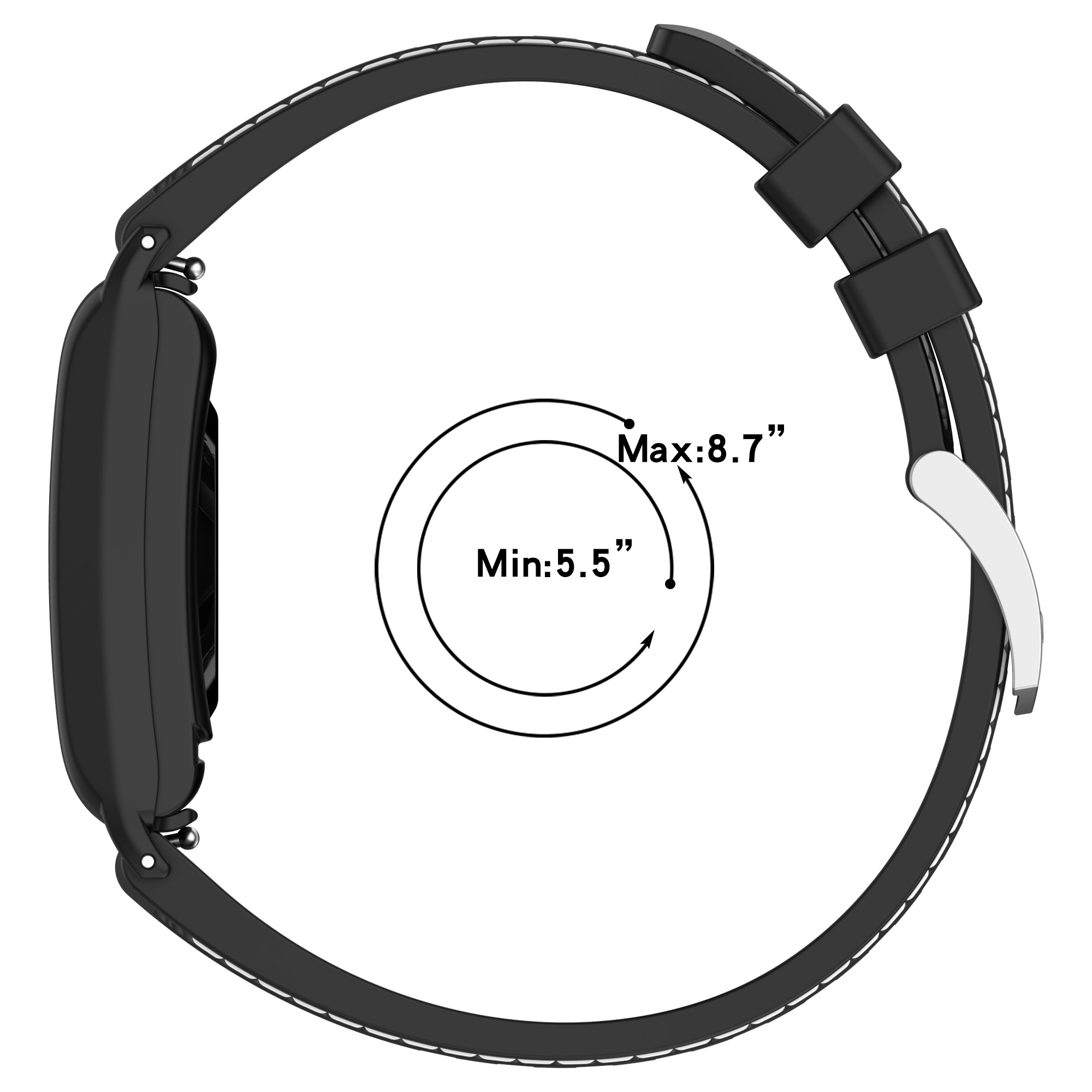 Smartwatch nero con cinturino nero, che mostra le dimensioni minime e massime del polso, sfondo bianco.