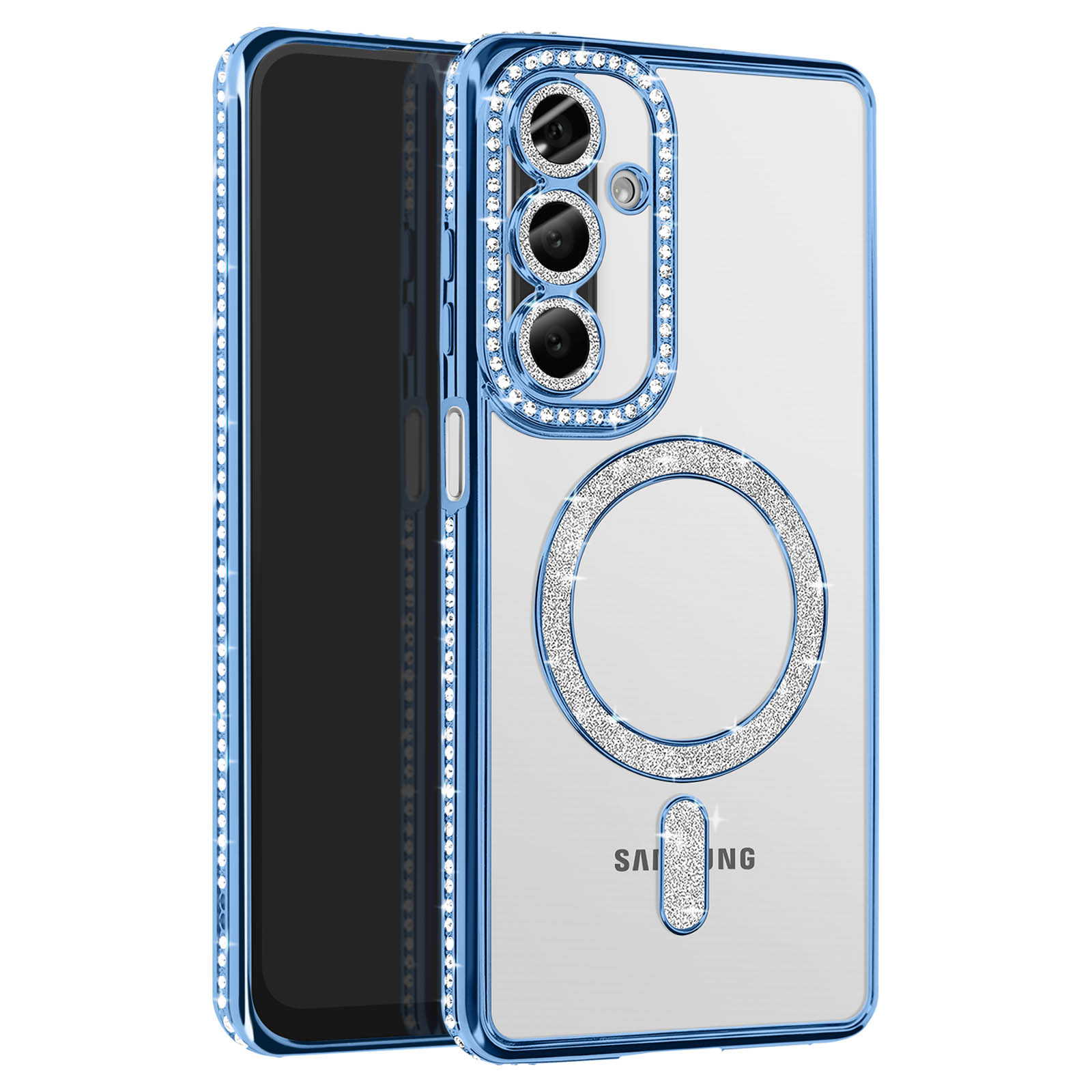 Custodia trasparente per telefono con dettagli blu e un anello di strass intorno alla fotocamera.