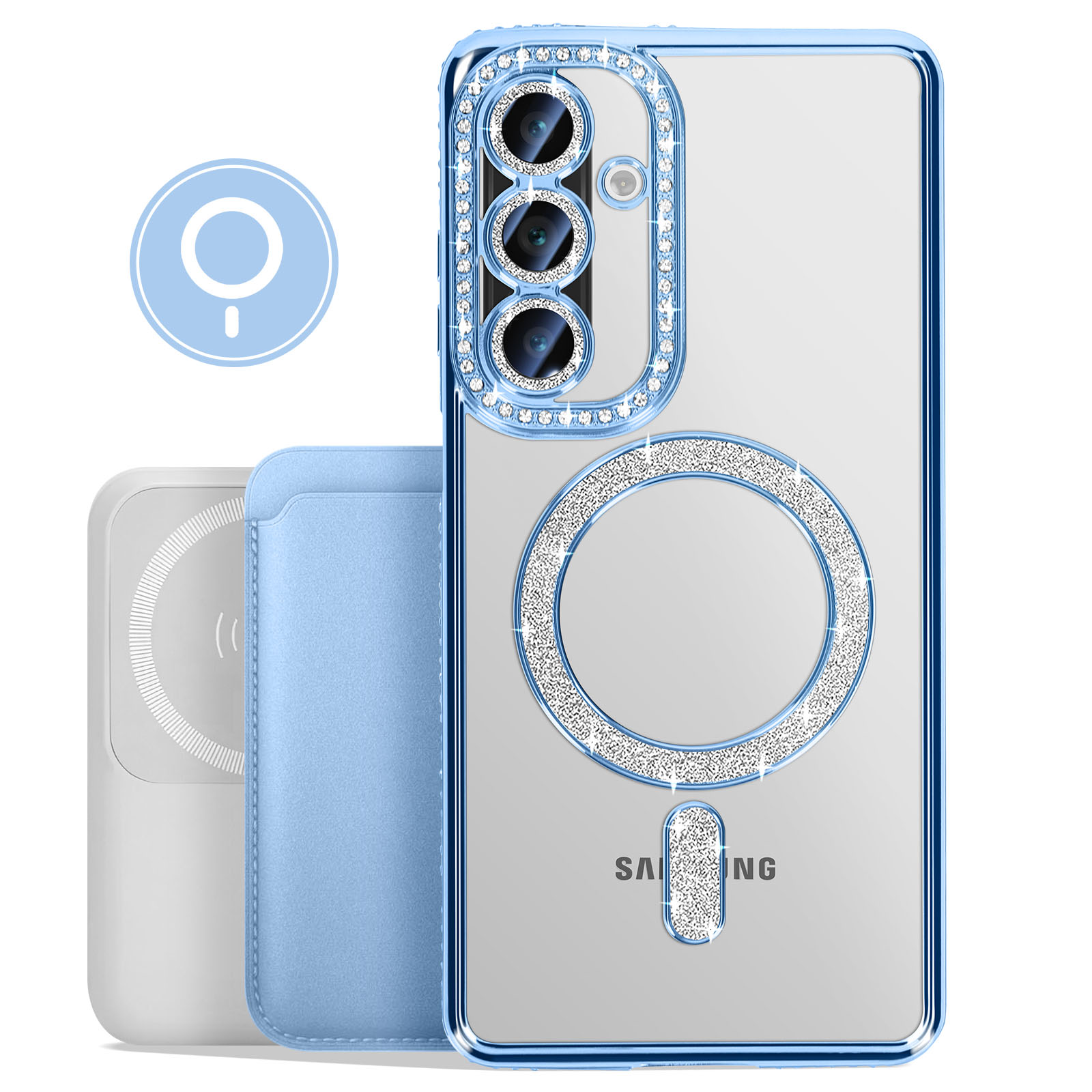 Una custodia trasparente per telefono con un anello di strass attorno alla fotocamera e una custodia a sinistra, su bianco.