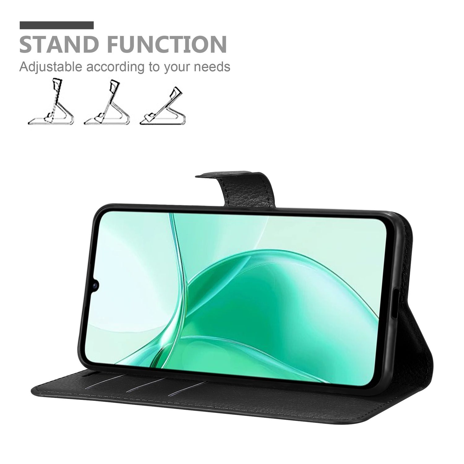 Eine schwarze Handyhülle mit einem Telefon darin, zeigt eine Standfunktion.