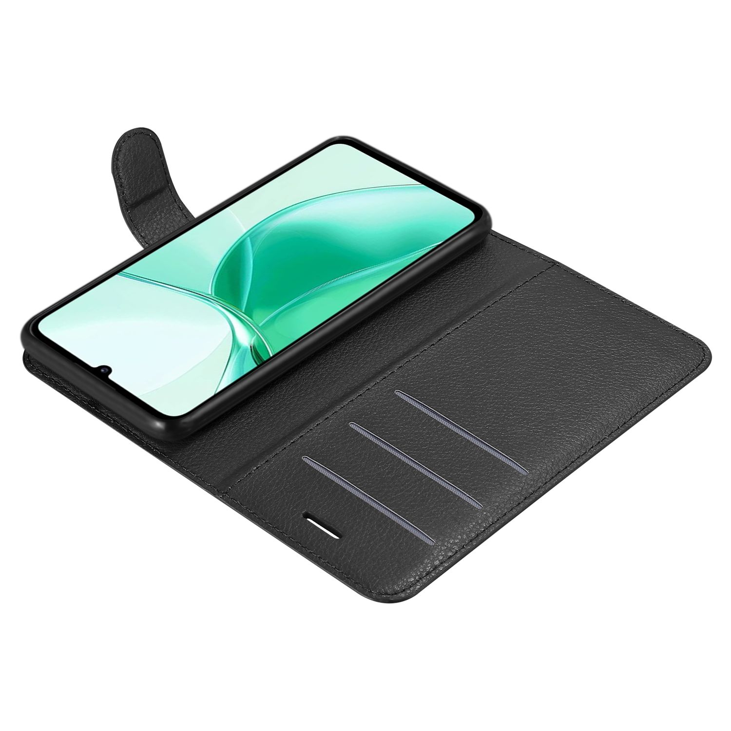 Schwarze Handyhülle mit Telefon. Die Hülle hat Kartenfächer.
