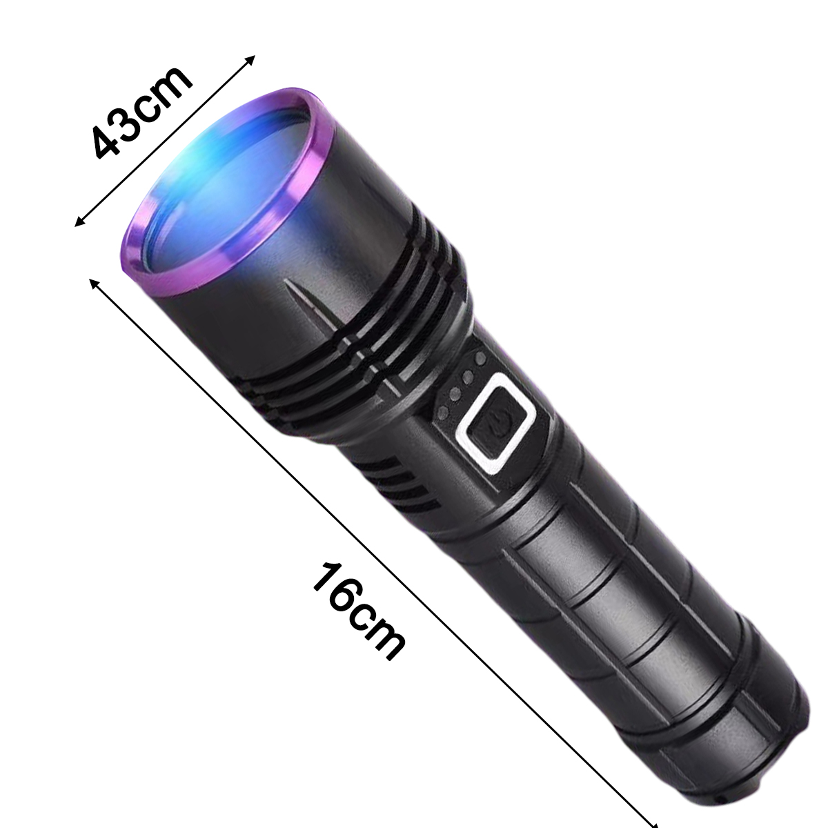 Schwarze Taschenlampe mit lila Rand und Abmessungen von 16 cm Länge und 43 cm Breite.