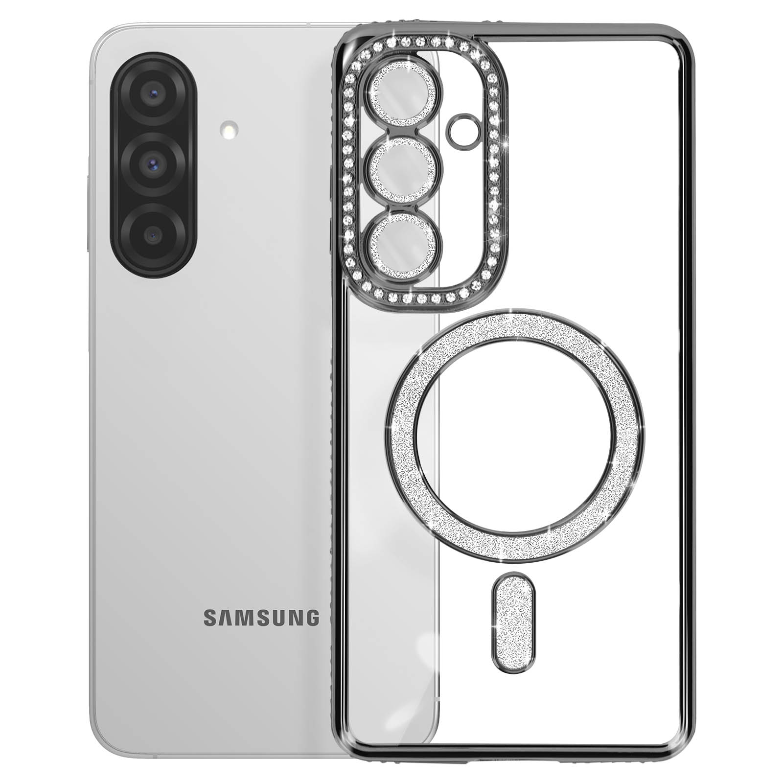 Due telefoni, uno argento con fotocamere e l'altro con custodia scintillante.