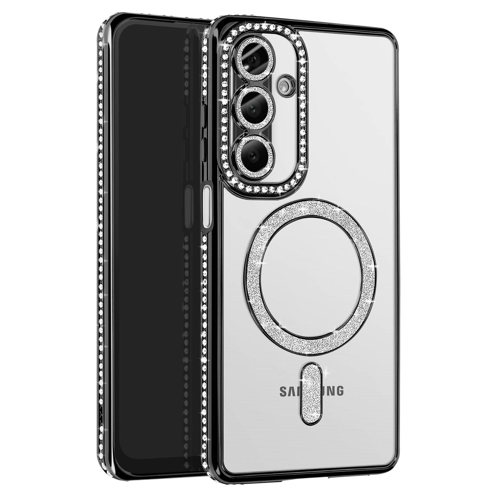 Custodia trasparente per telefono con un anello di strass intorno alla fotocamera e un cerchio argentato.