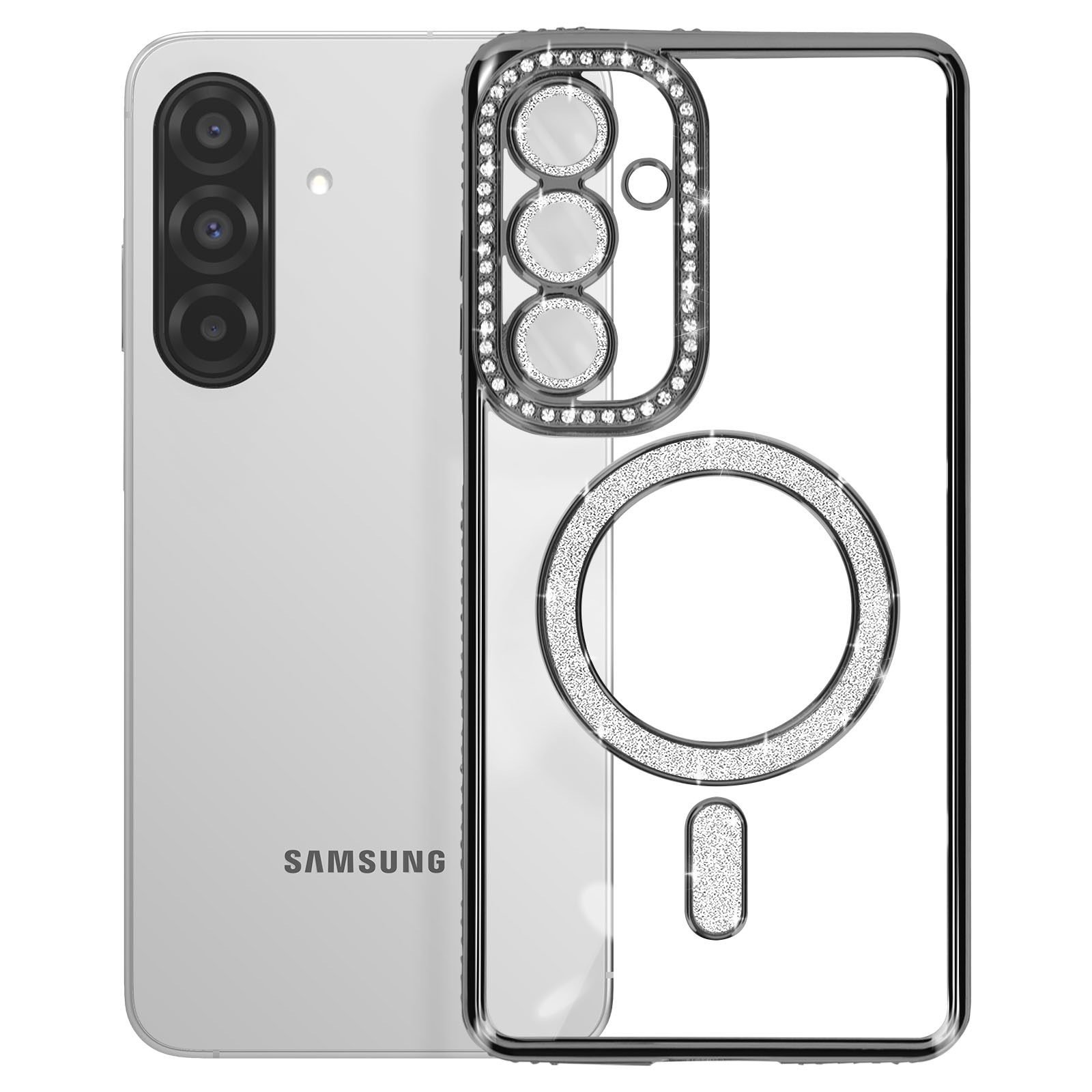 Custodia per telefono argento e trasparente con anello fotocamera e logo tempestati di diamanti.