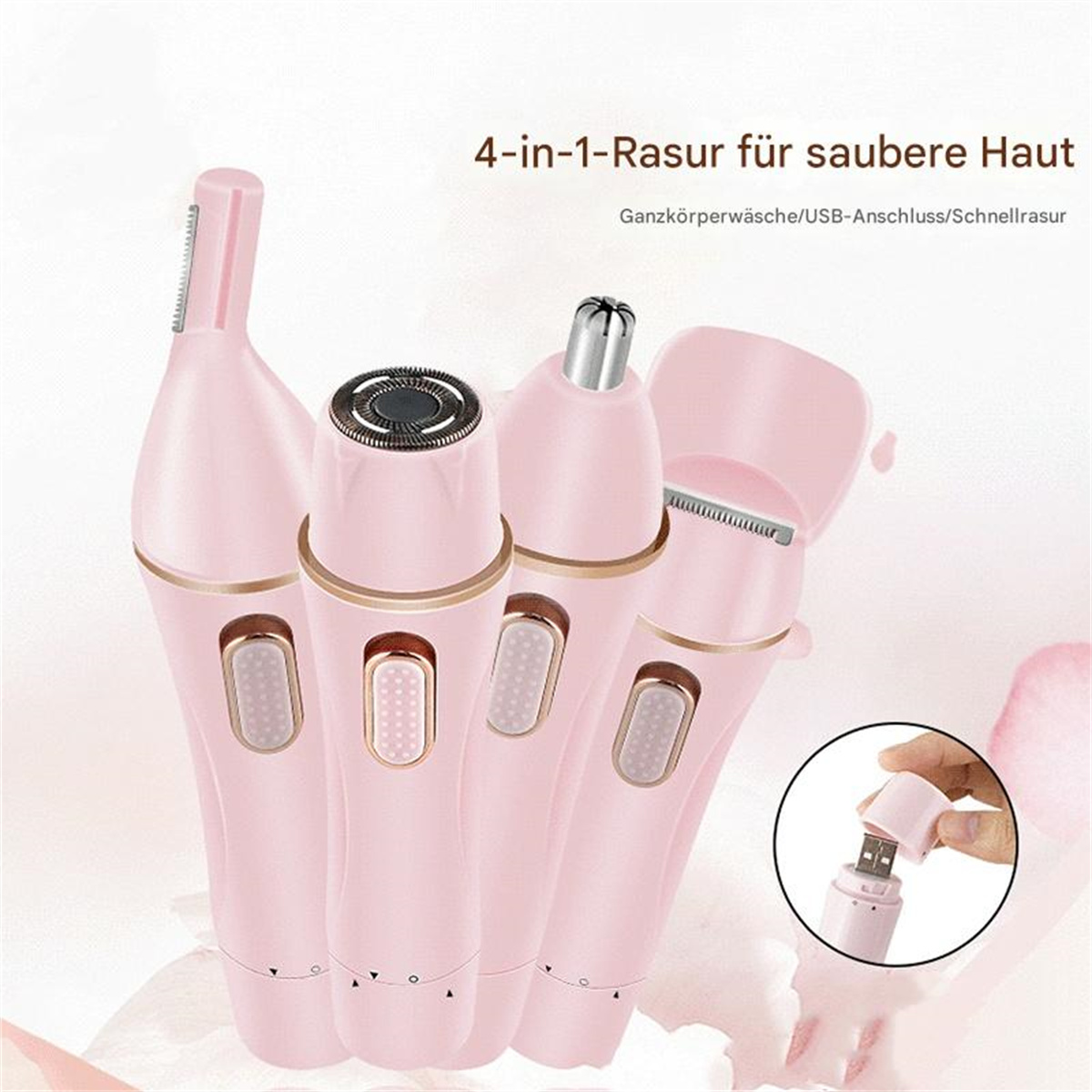 Rosa 4-in-1 Elektrorasierer mit mehreren Köpfen und einem USB-Anschluss zum Aufladen.