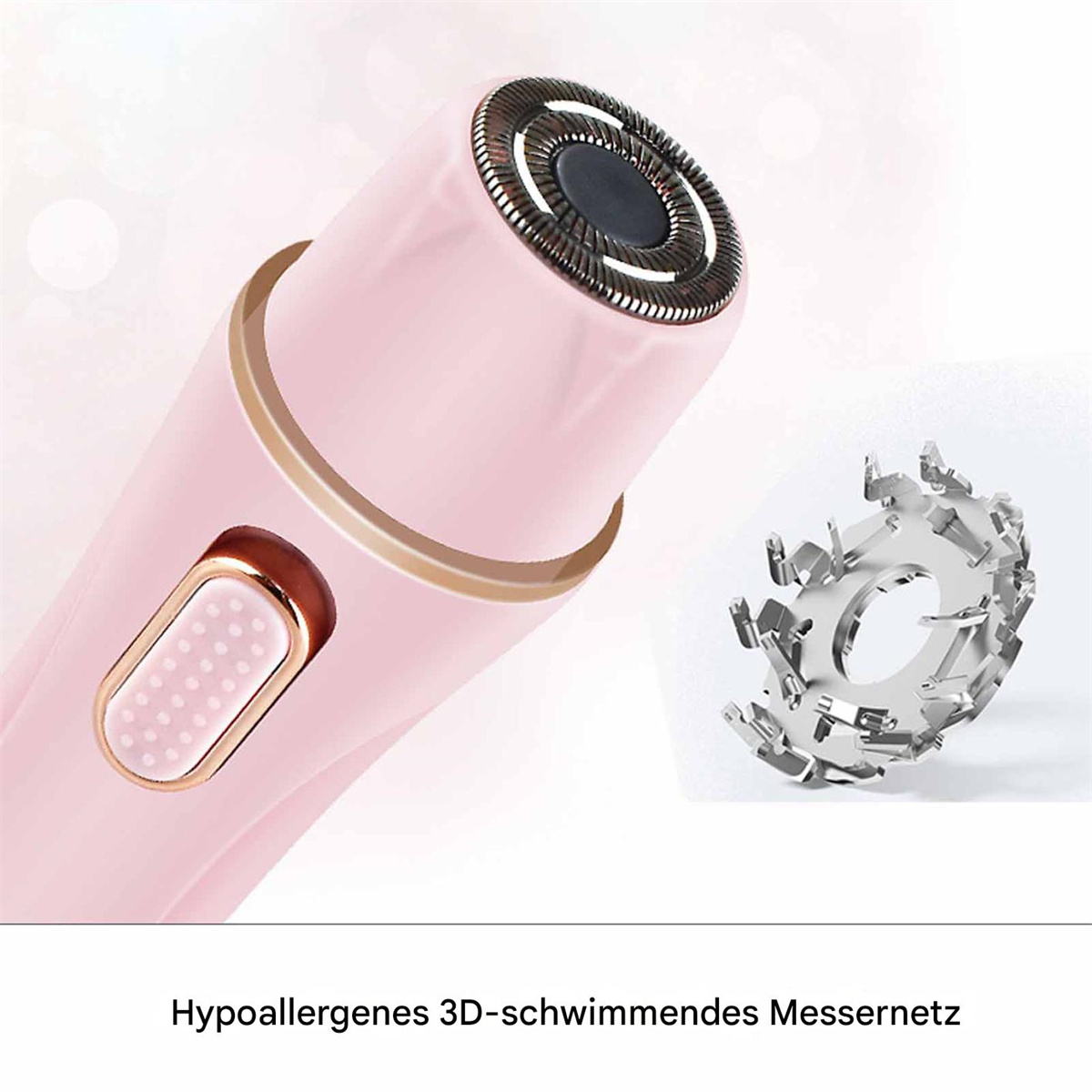 Rosa Elektrorasierer mit goldfarbenem Knopf und separater Klinge.