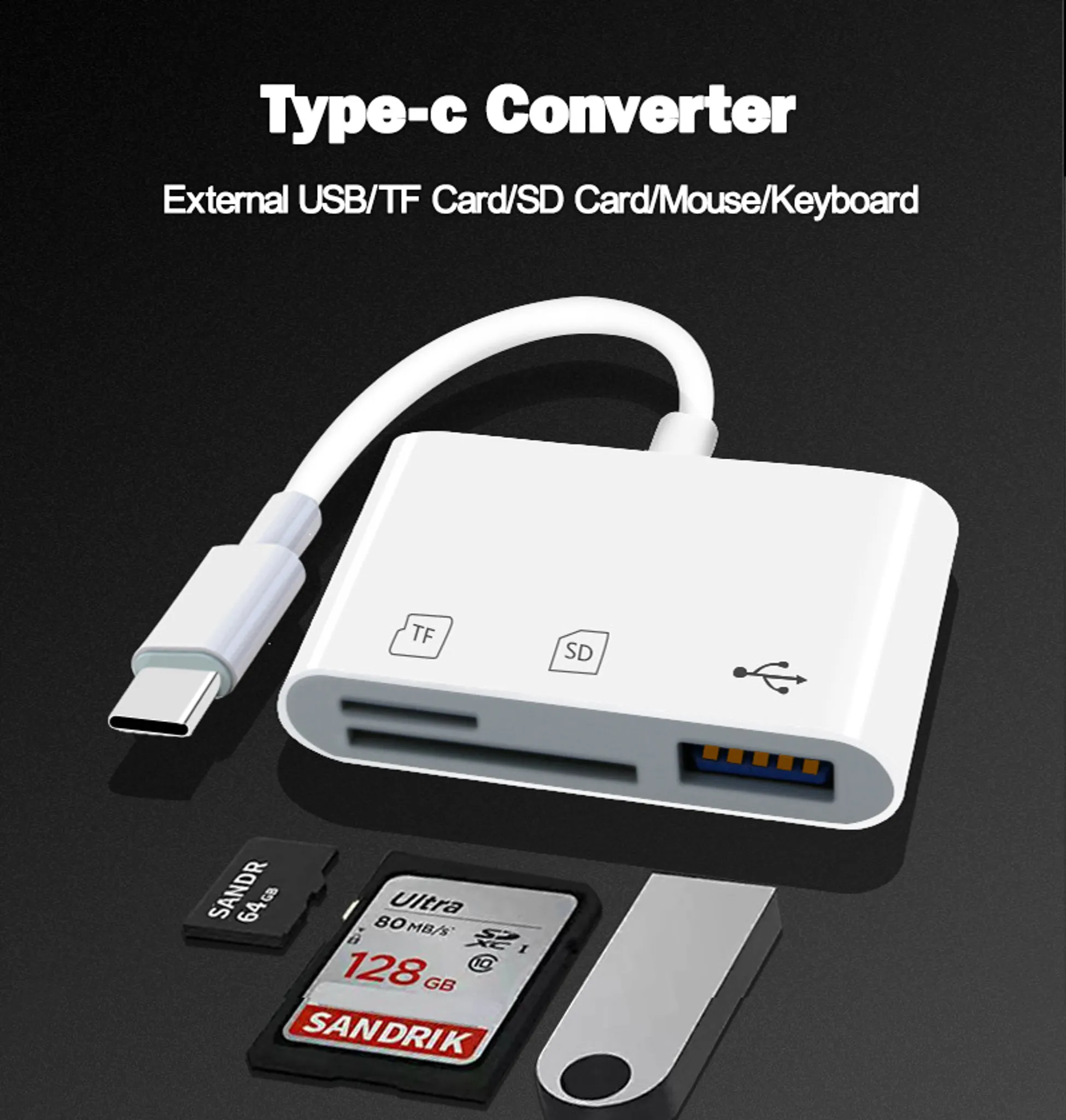 Ein weißer Typ-C-Konverter mit SD- und TF-Kartensteckplätzen und einem USB-Anschluss. Es gibt SD-Karten und einen USB-Stick.