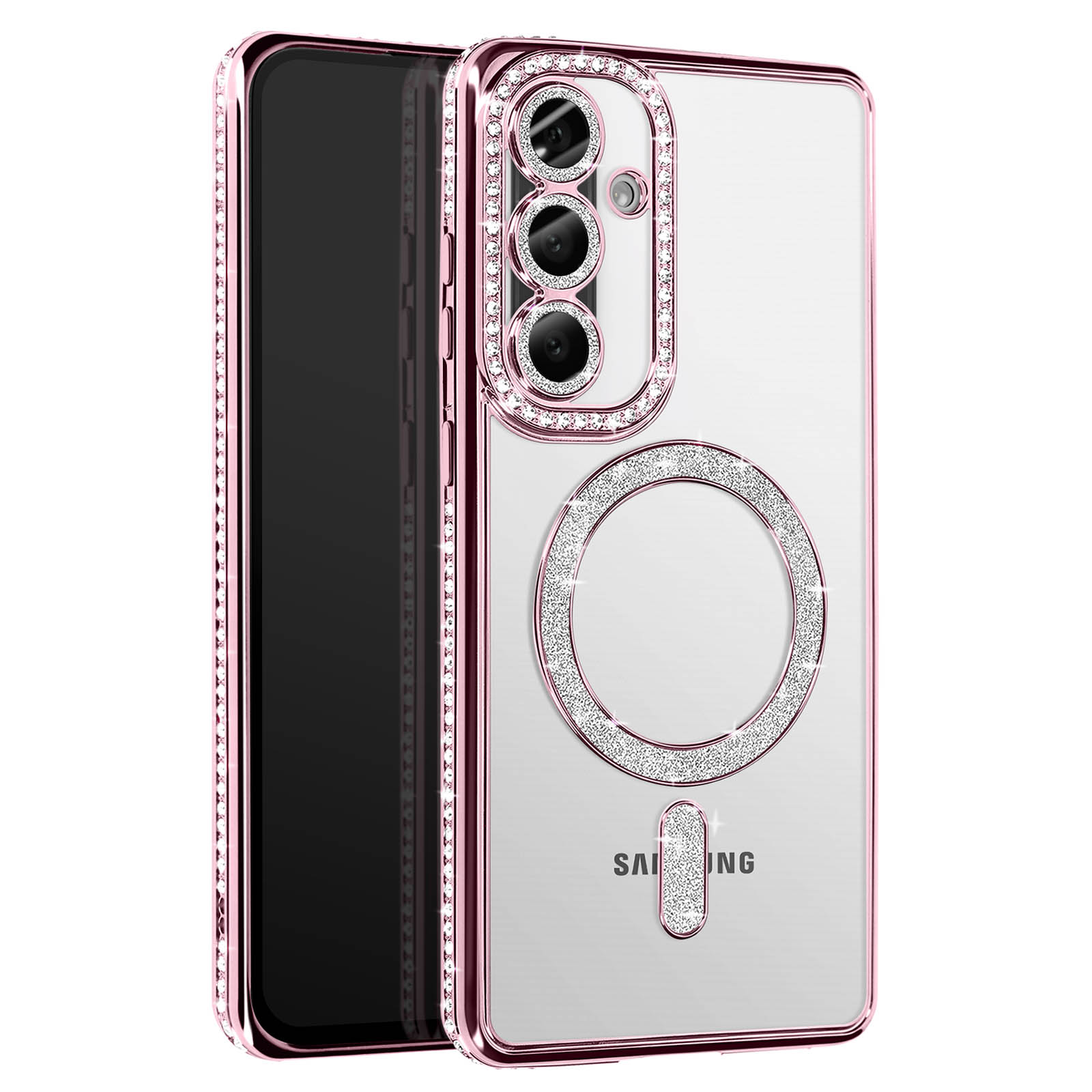 Telefoon in een doorzichtige, roze omrande hoes, met een ring van edelstenen.