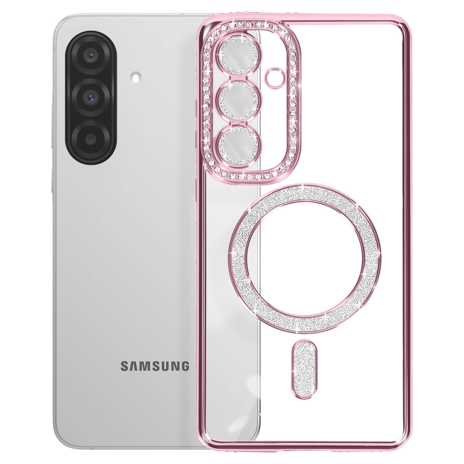 Roze telefoonhoesje met strass rond de camera en een cirkel.