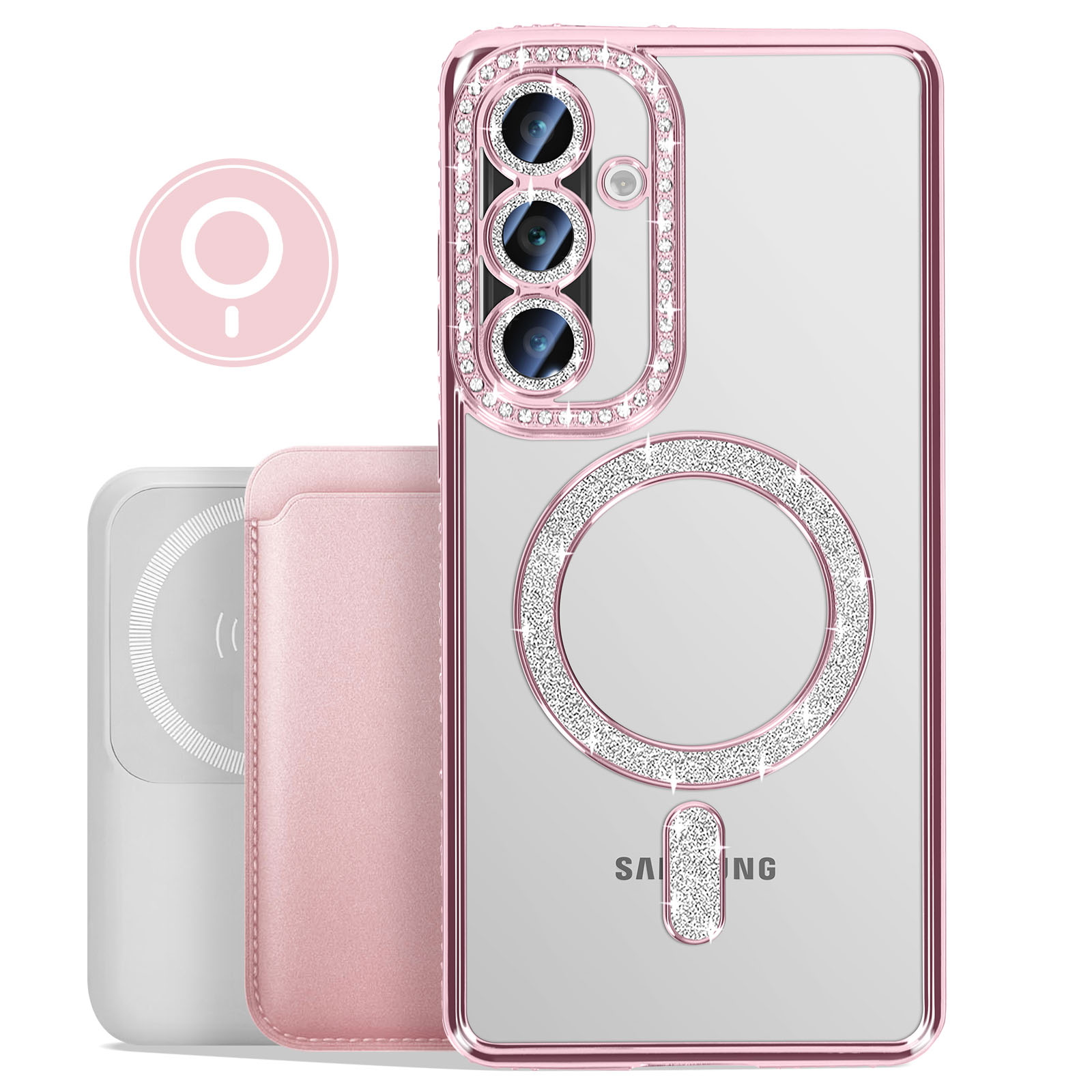 Roze telefoonhoesje met een ring van strass rond de camera en een magnetische houder. Een roze portemonnee ernaast.
