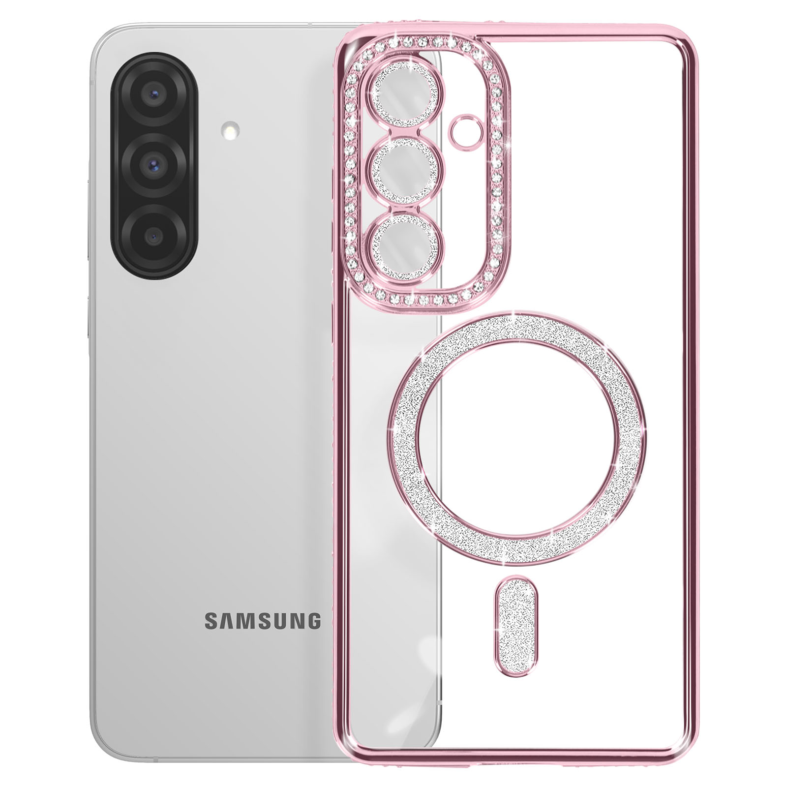 Een Samsung-telefoon met een transparante, roze omrande hoes, ingelegd met strass rondom de camera.