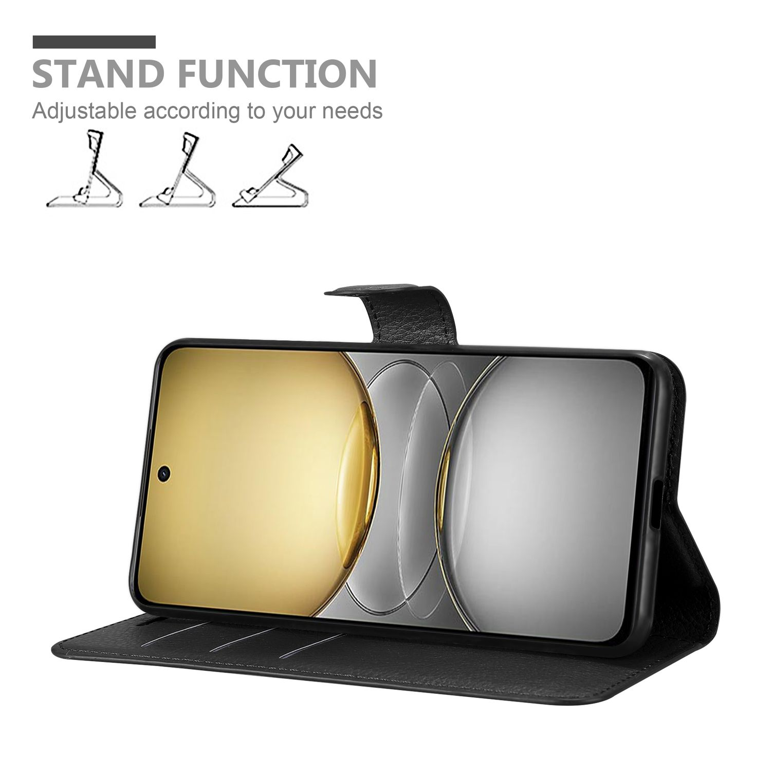 Schwarze Handyhülle mit Telefon, das einen goldenen Bildschirm zeigt. Standfunktionsoptionen sind dargestellt.