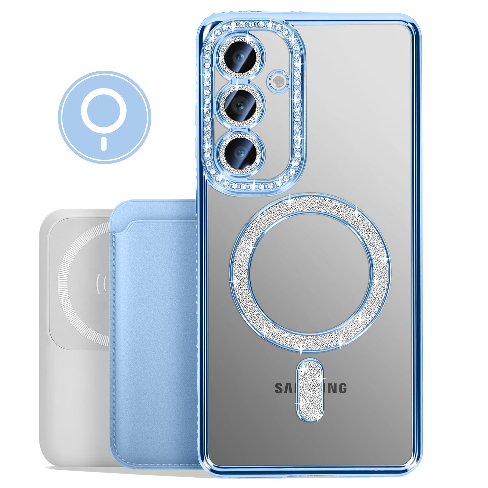 Custodia blu con gioielli per telefono con telefono e accessorio ricarica bianco.