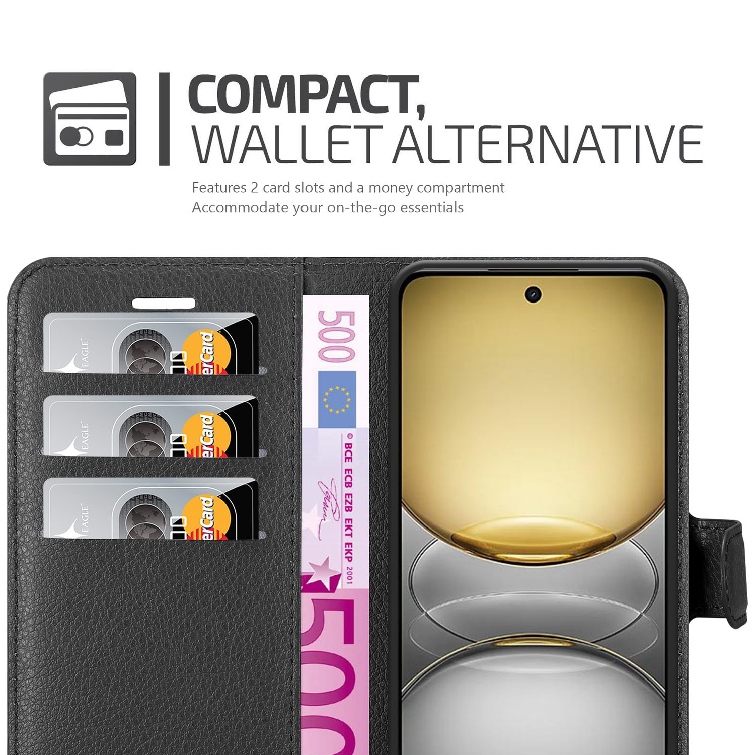 Ein Telefon in einer Brieftaschenhülle, mit Kartenfächern und Bargeld. Der Text lautet: Kompakt, Geldbörsenalternative.