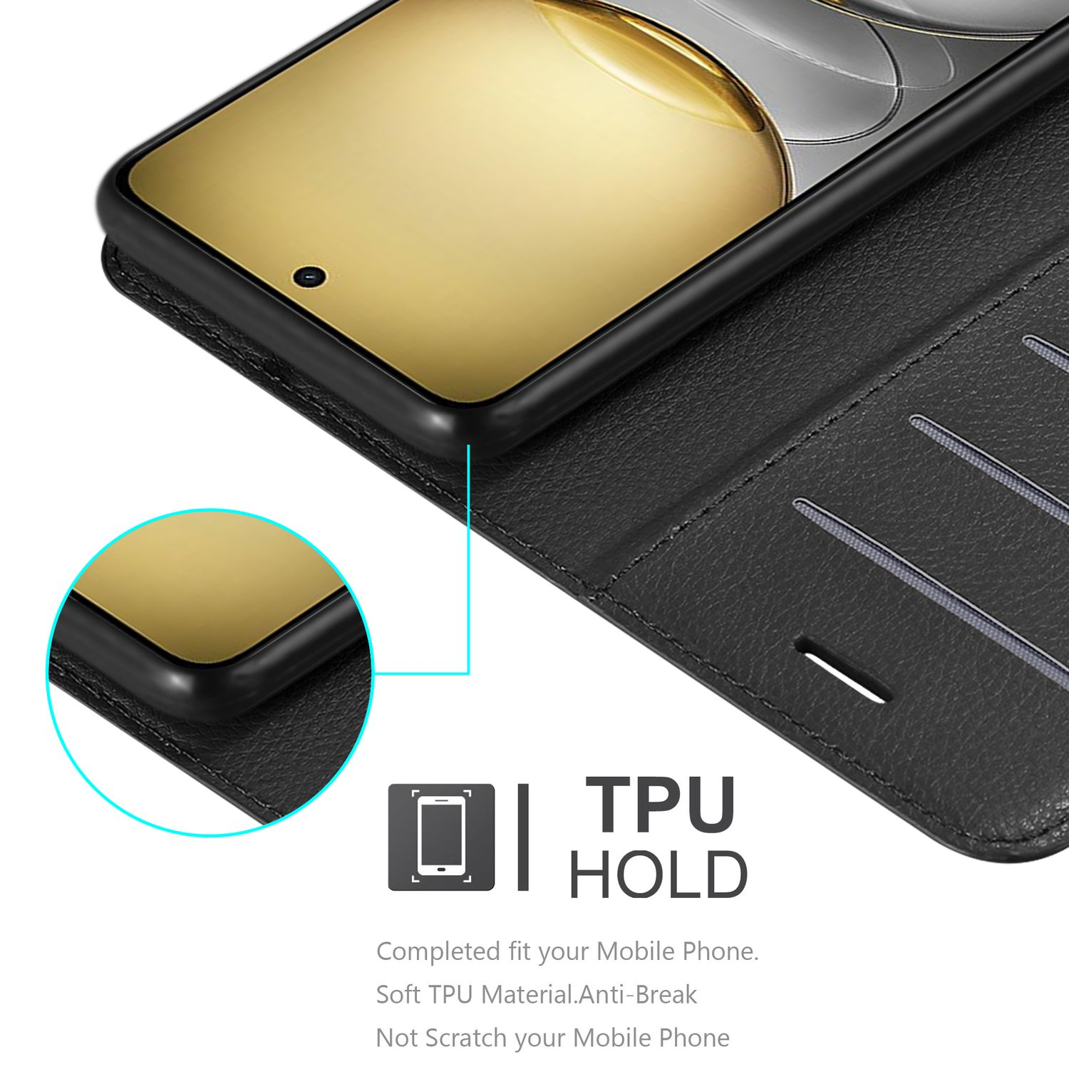 Nahaufnahme einer schwarzen Handyhülle mit einem Telefon darin, mit Text, der TPU-Halterung anzeigt.
