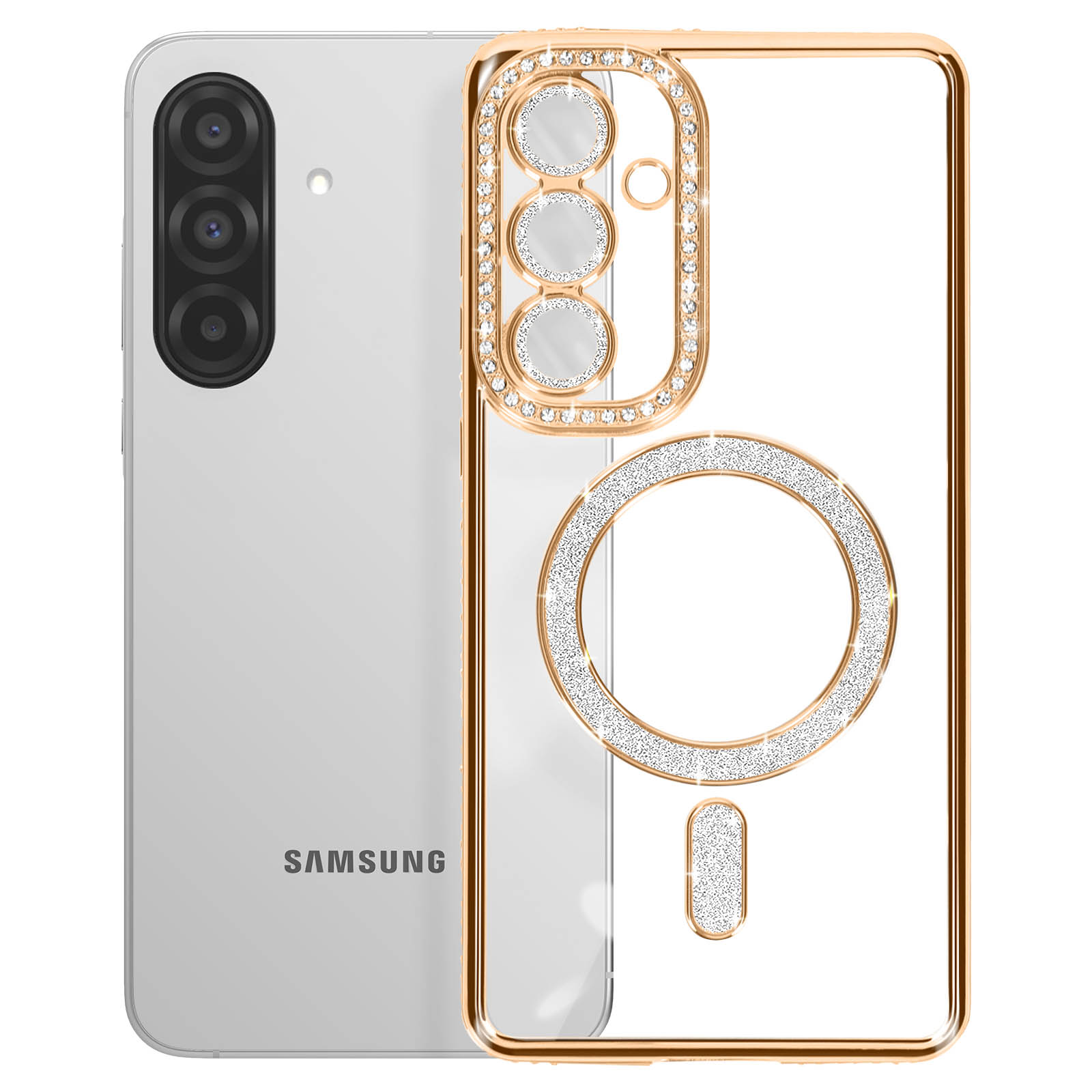 Telefoonhoesje met een telefoon. Transparante hoes met gouden accenten en glitters. Drie camera's.