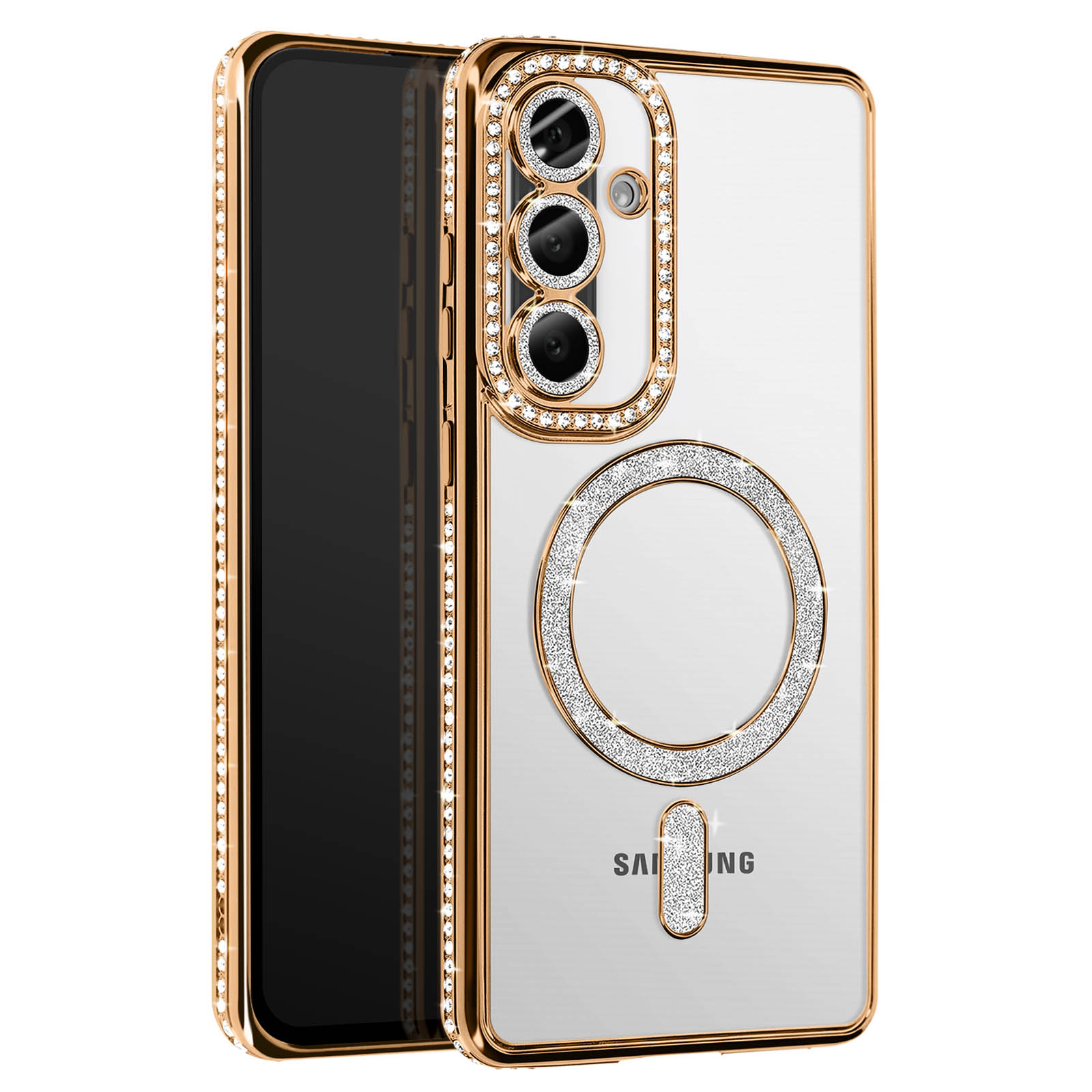 Gouden telefoonhoesje met strass rond de camera en een cirkel.