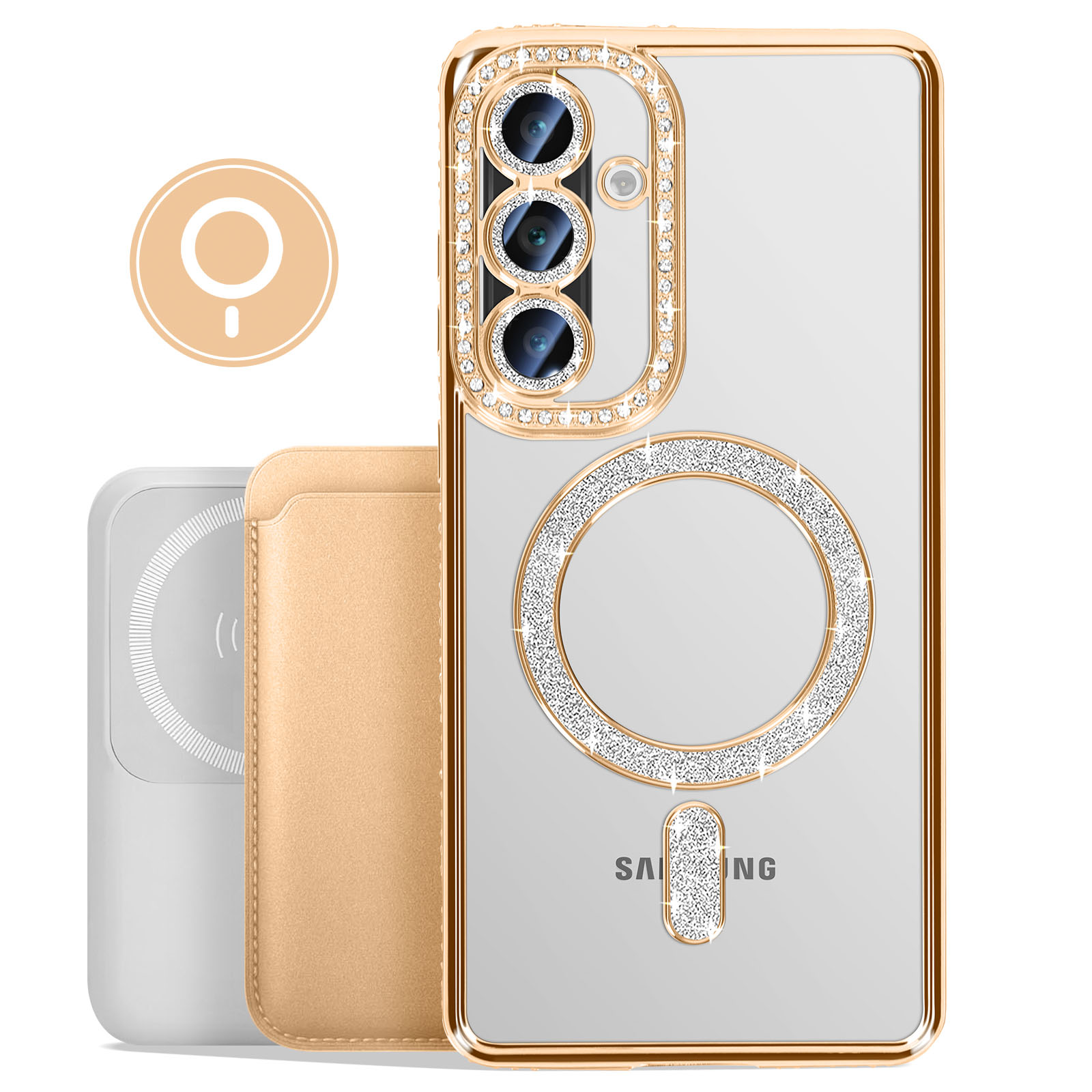 Een telefoonhoesje met een gouden frame en een doorzichtige achterkant. Het heeft een ringhouder en een kaarthouder.