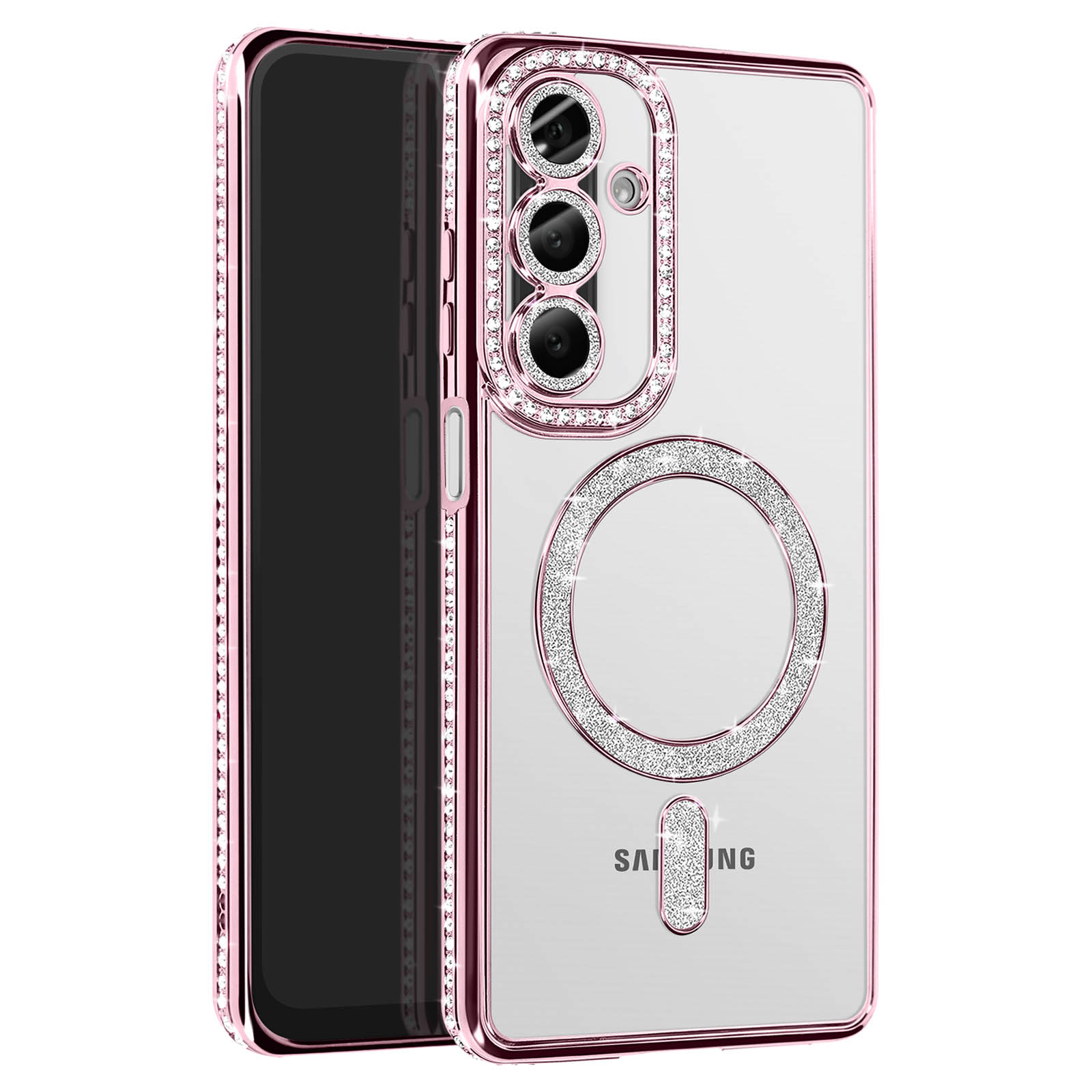Una custodia per telefono con cornice rosa e strass incastonati attorno all'area della fotocamera.