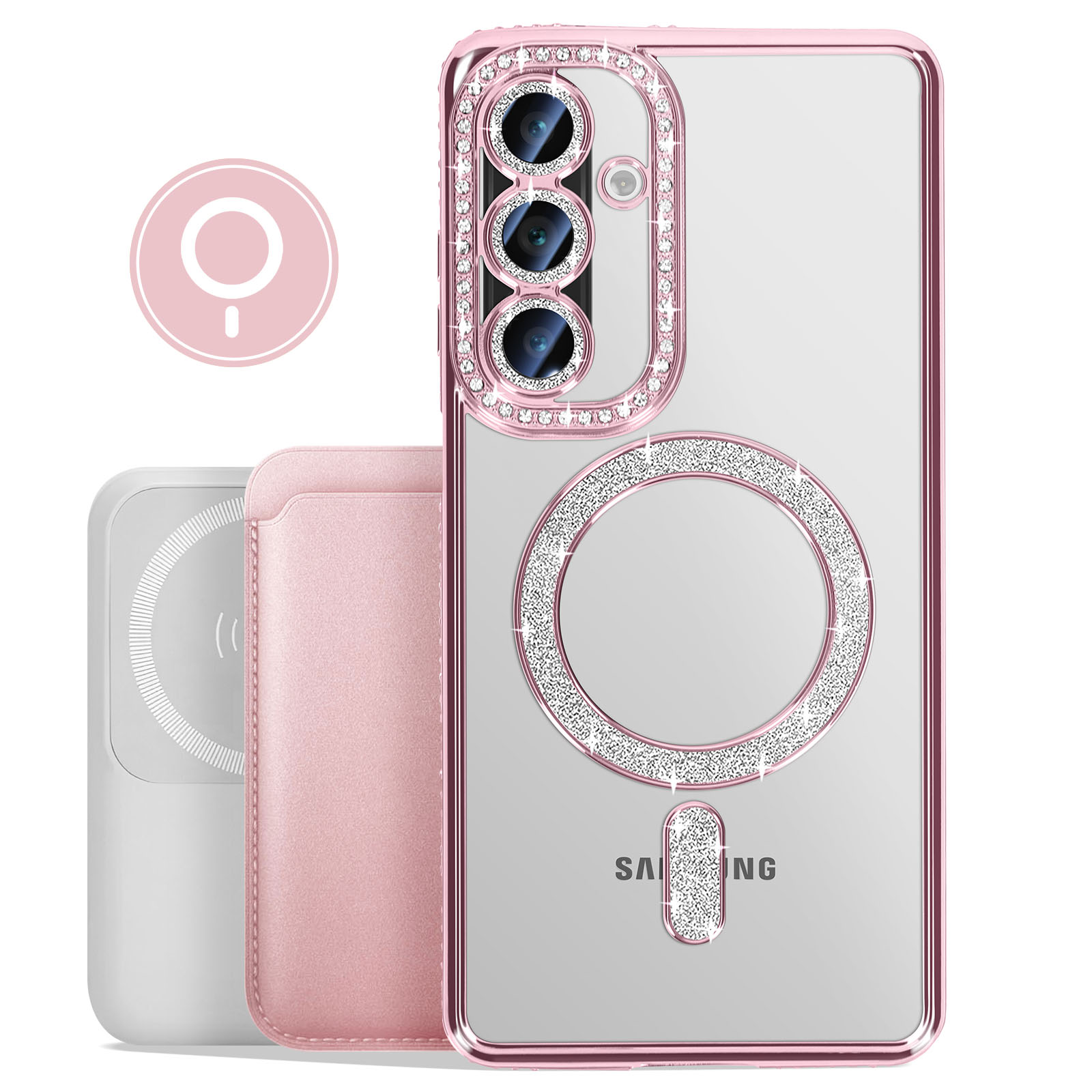 Custodia rosa per telefono con anello di strass e portafoglio abbinato. Caricatore magnetico bianco.