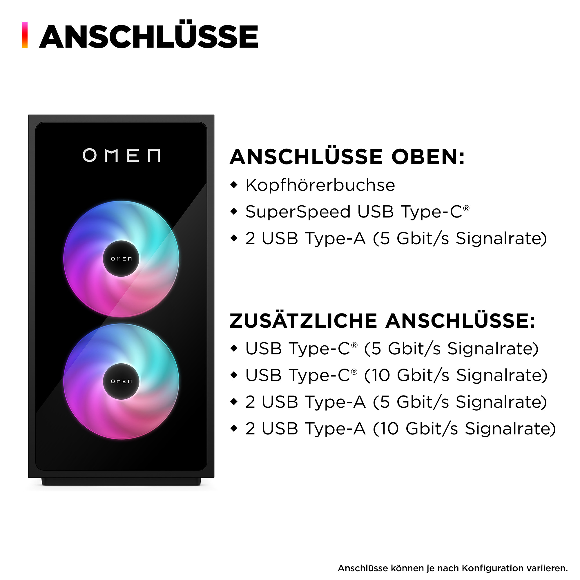 Czarna obudowa komputera z kolorowymi światłami i tekstem o portach i połączeniach.