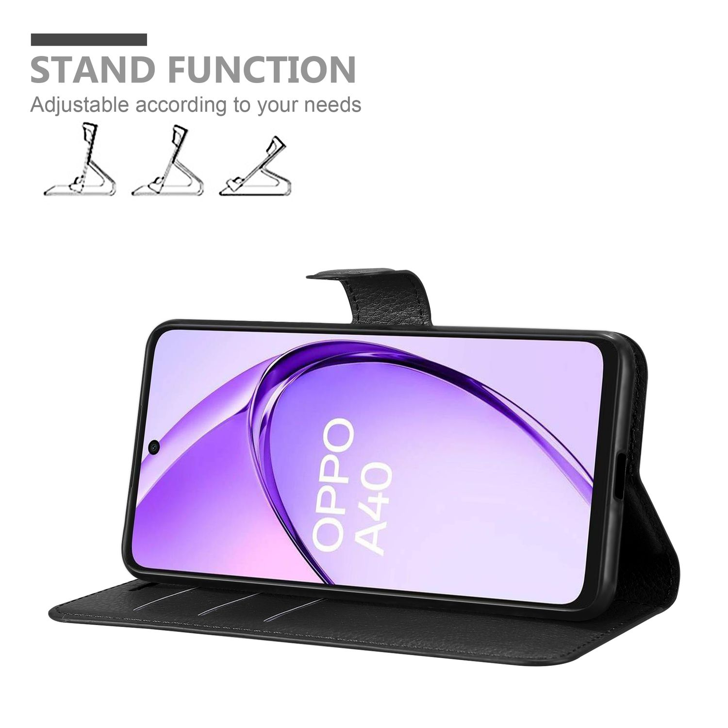 Eine schwarze Smartphone-Hülle mit einem Telefon darin. Es zeigt eine Standfunktion mit mehreren Positionen. Weißer Hintergrund.