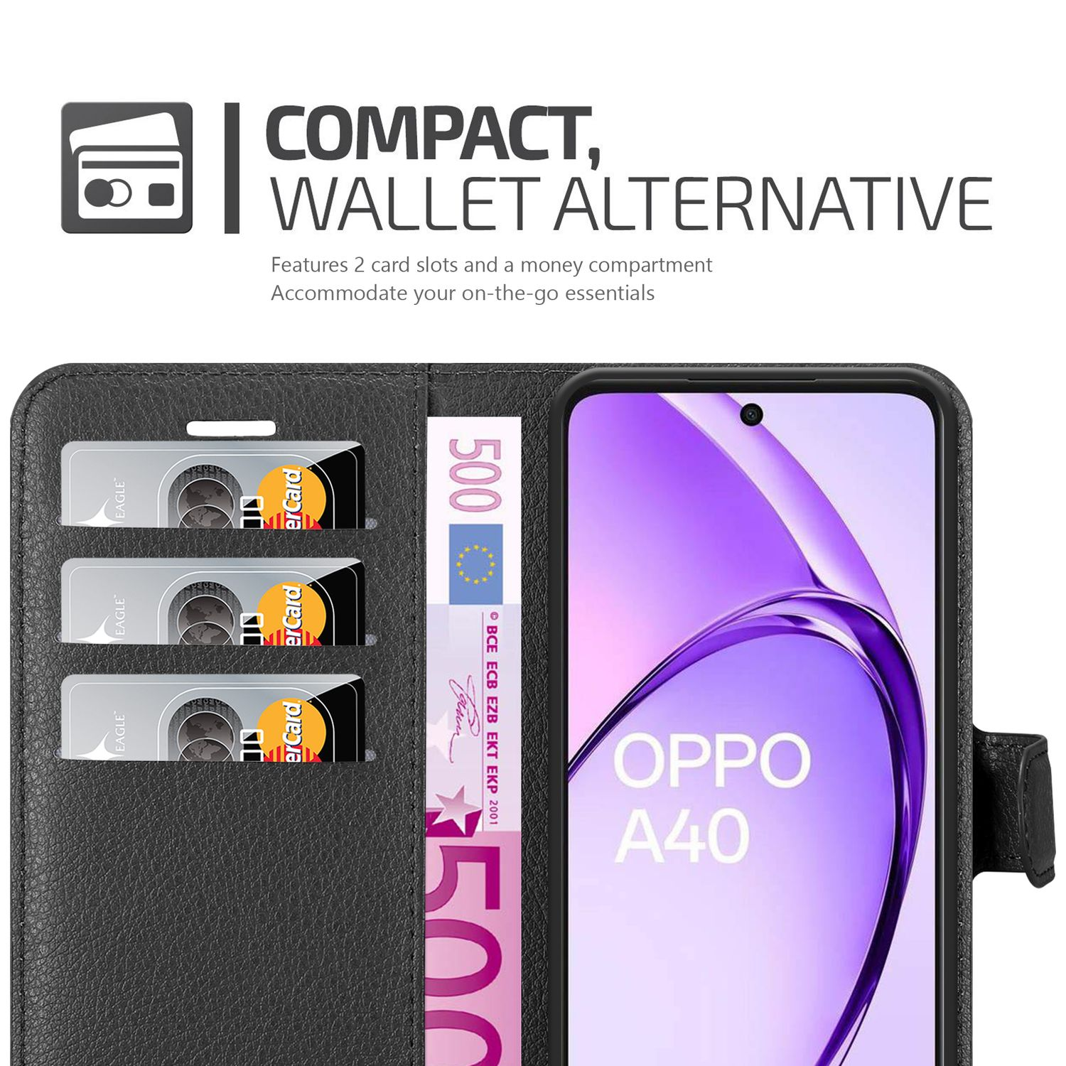 Handyhülle mit Kartenfächern und Geldfach. Zeigt ein Telefon mit OPPO A40 Text.
