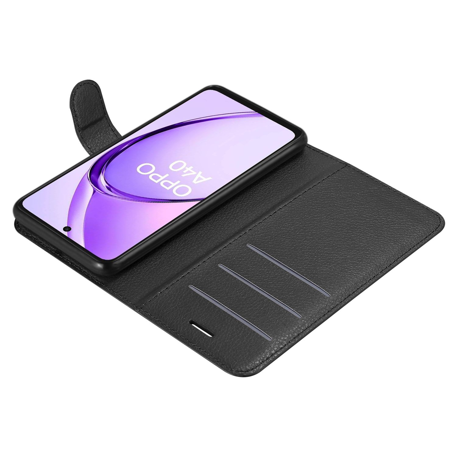 Schwarzes Telefon in einer Brieftasche. Der Bildschirm zeigt 'OPPO A40'. Die Hülle ist schwarz.