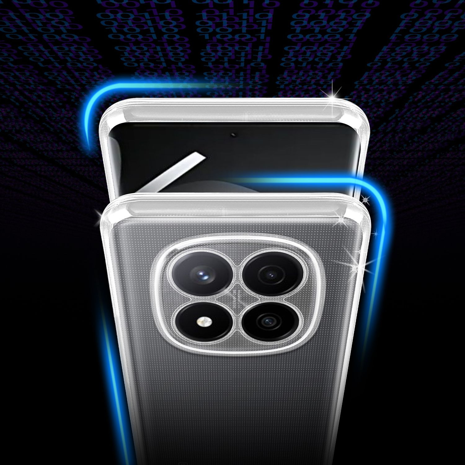 Ein Telefon, das mit einer transparenten Hülle bedeckt ist. Der Hintergrund hat ein Datenfluss-Design.