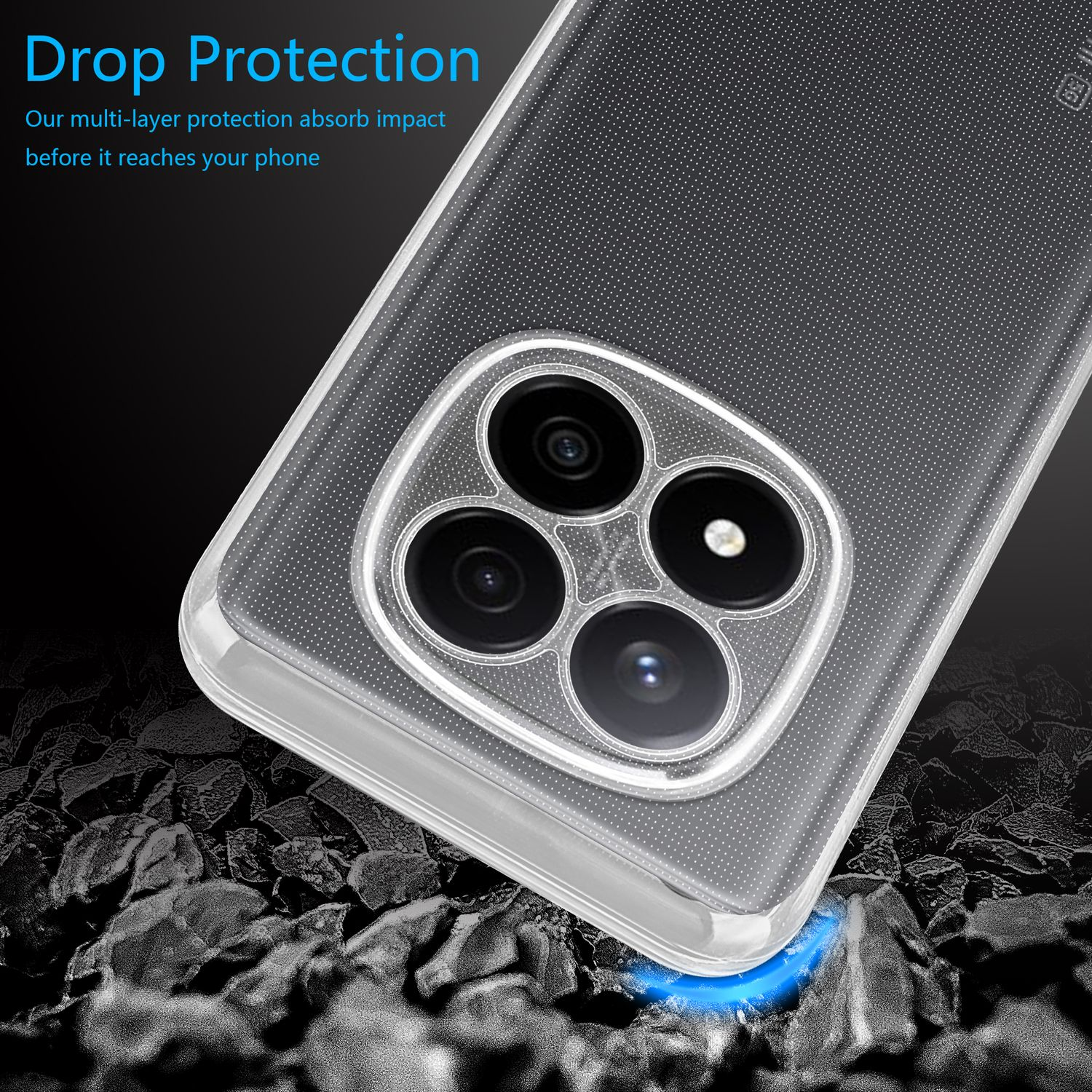 Eine transparente Handyhülle mit einem Telefon darin. Die Hülle liegt auf schwarzem Kies mit blauem Leuchten.
