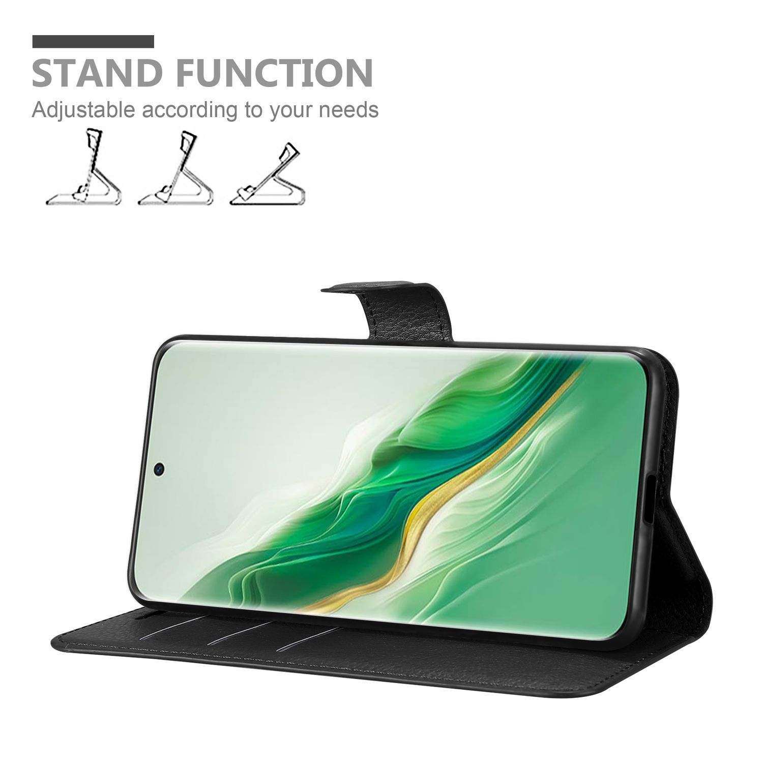 Schwarzes Handycase mit aufrecht stehendem Telefon.