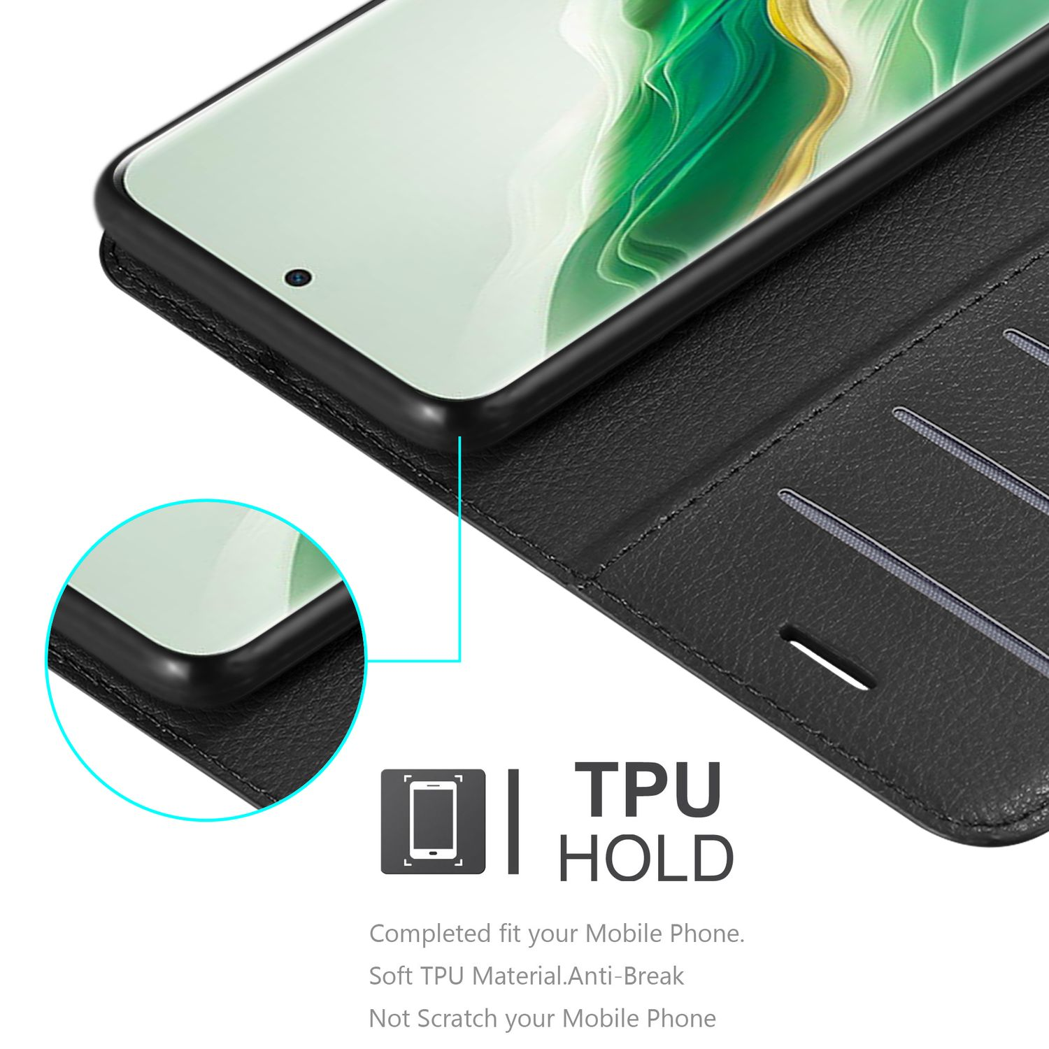 Schwarze Handyhülle mit einem Telefon im Inneren. Zeigt die Details der TPU-Haltefunktion, mit Text.