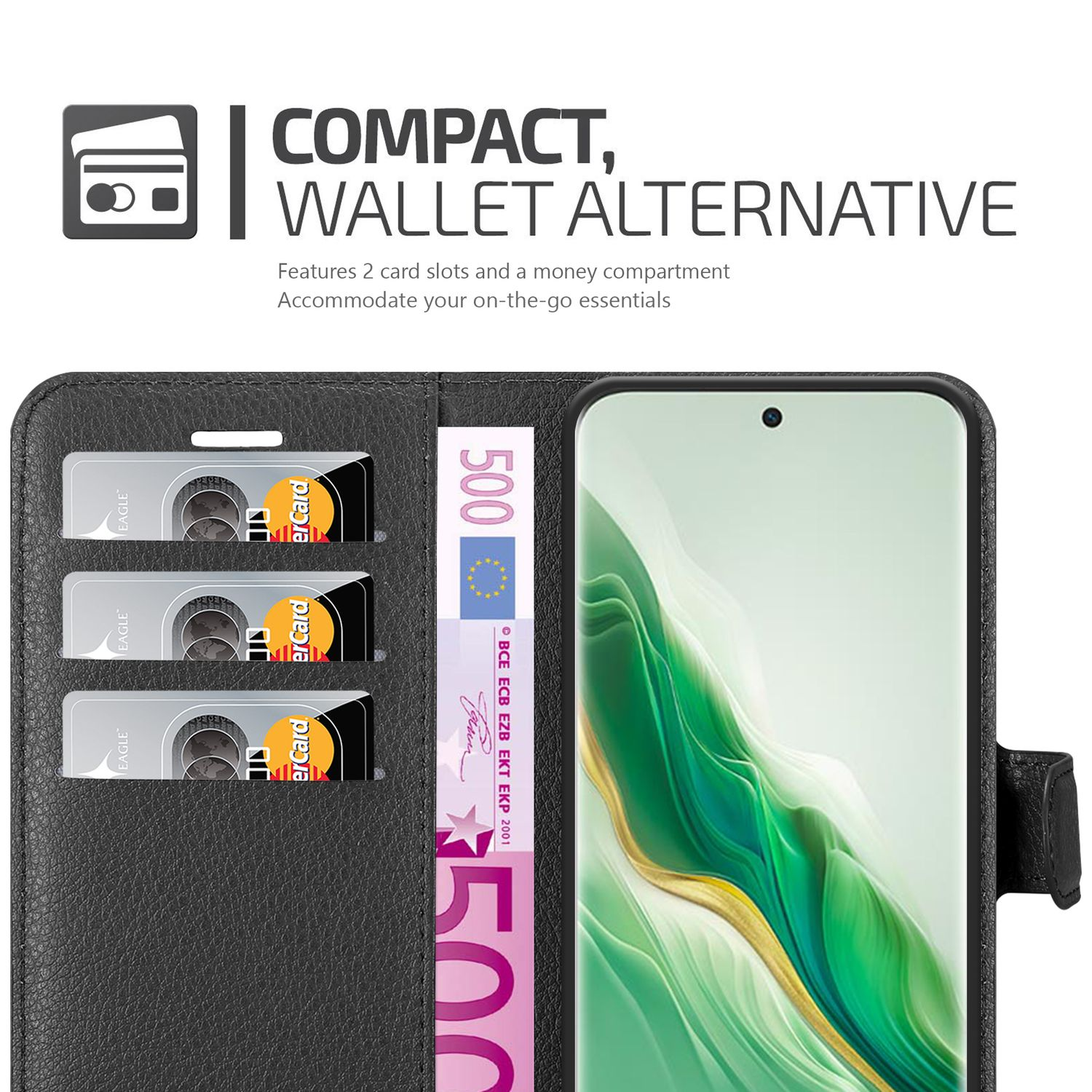 Schwarzes Wallet Case mit Kartenfächern und Geldfach, Kreditkarten und Bargeld haltend.
