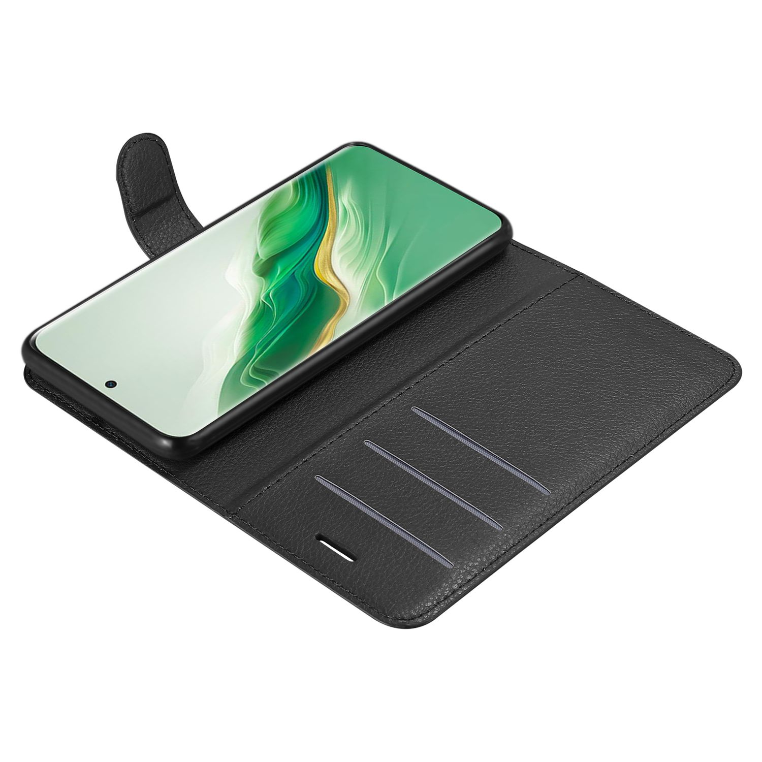 Eine schwarze Handyhülle mit einem Telefon im Inneren. Das Telefon zeigt einen grün-weißen Hintergrund.
