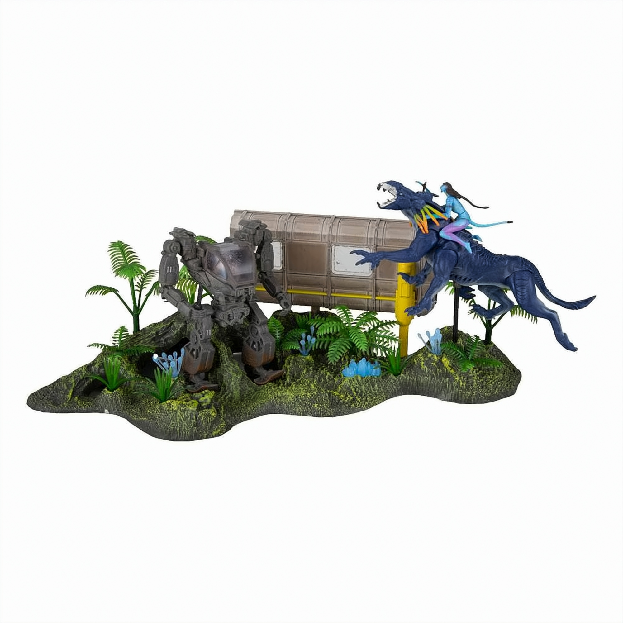 Avatar-Filmszene mit Mech, Na'vi auf einem Drachen und Transport auf einer Basis.