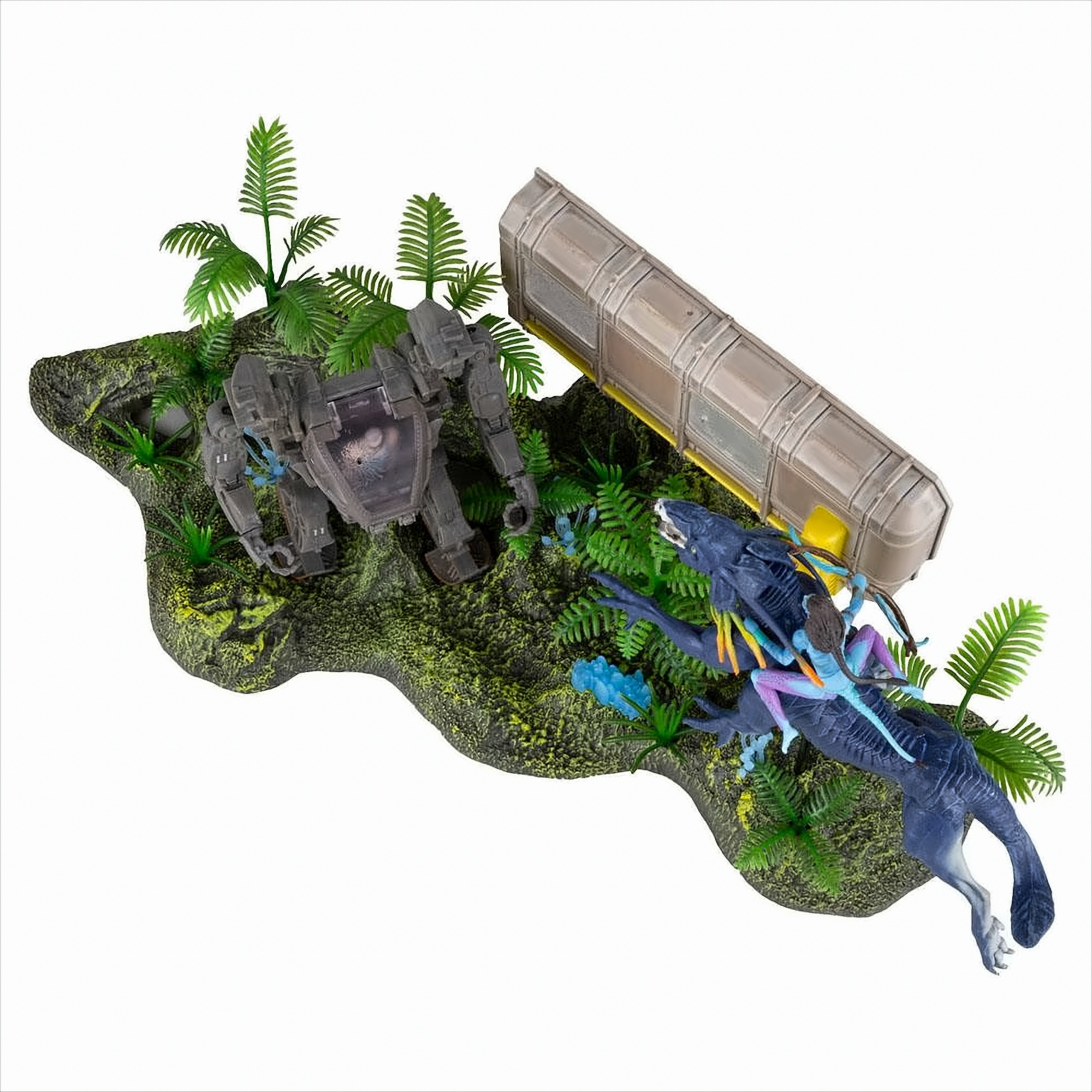 Avatar-Spielzeugszene mit Figuren auf einer Waldbasis. Weißer Hintergrund.