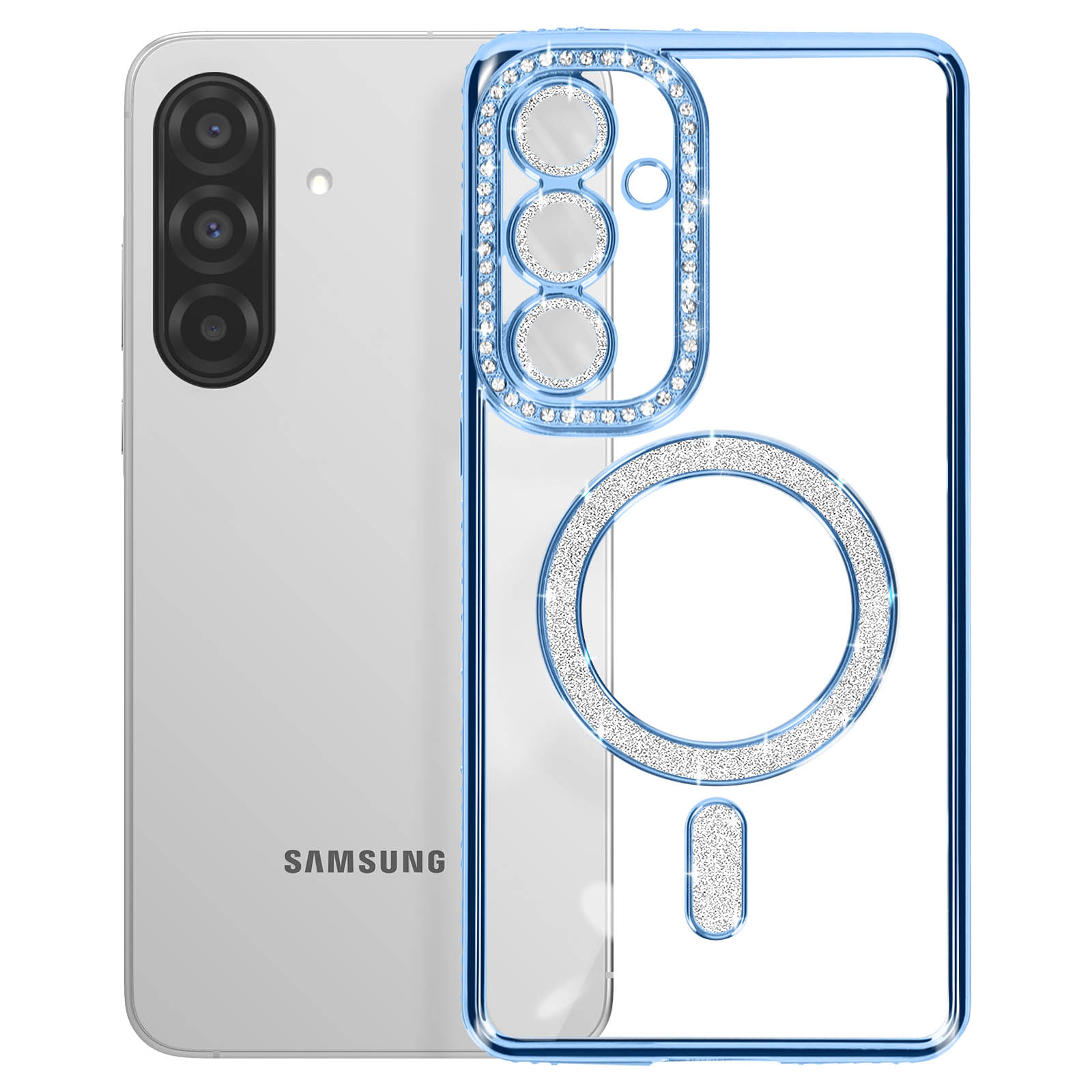 Téléphone Samsung blanc avec coque transparente. La coque a une bordure bleue et des strass.
