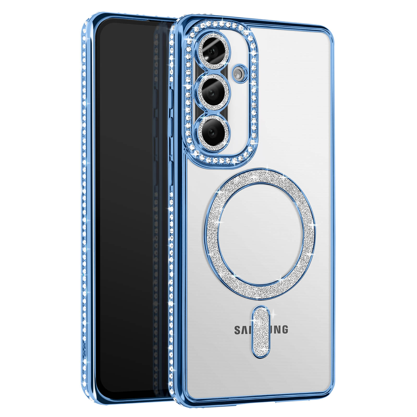 Coque de téléphone transparente avec bordure et anneau en paillettes bleues. Entoure les trois lentilles de l'appareil photo.
