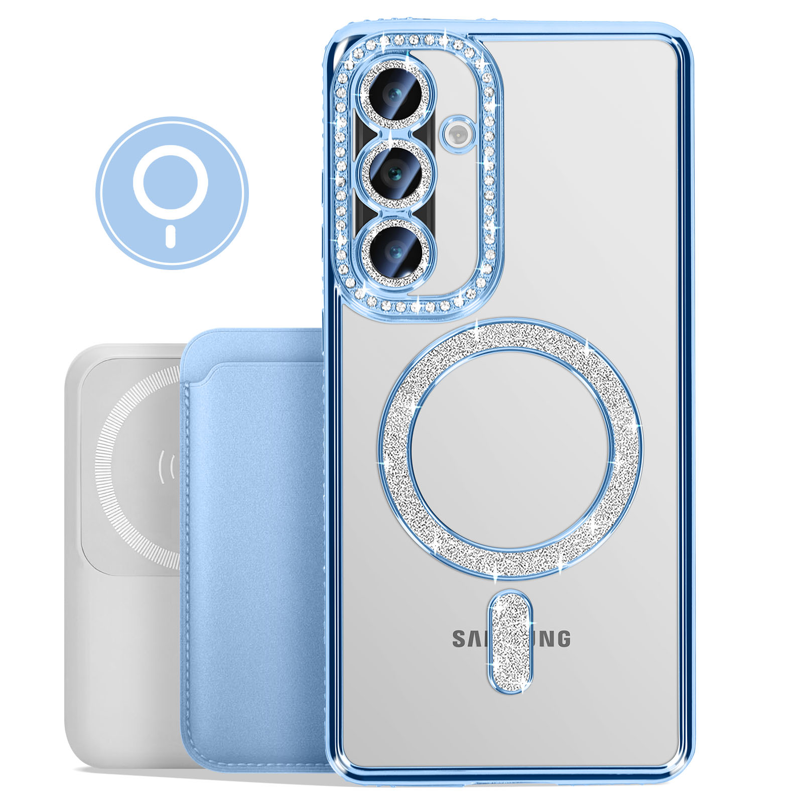 Coque de téléphone bleue, trois objectifs d'appareil photo, bague scintillante et chargeur blanc avec portefeuille bleu.