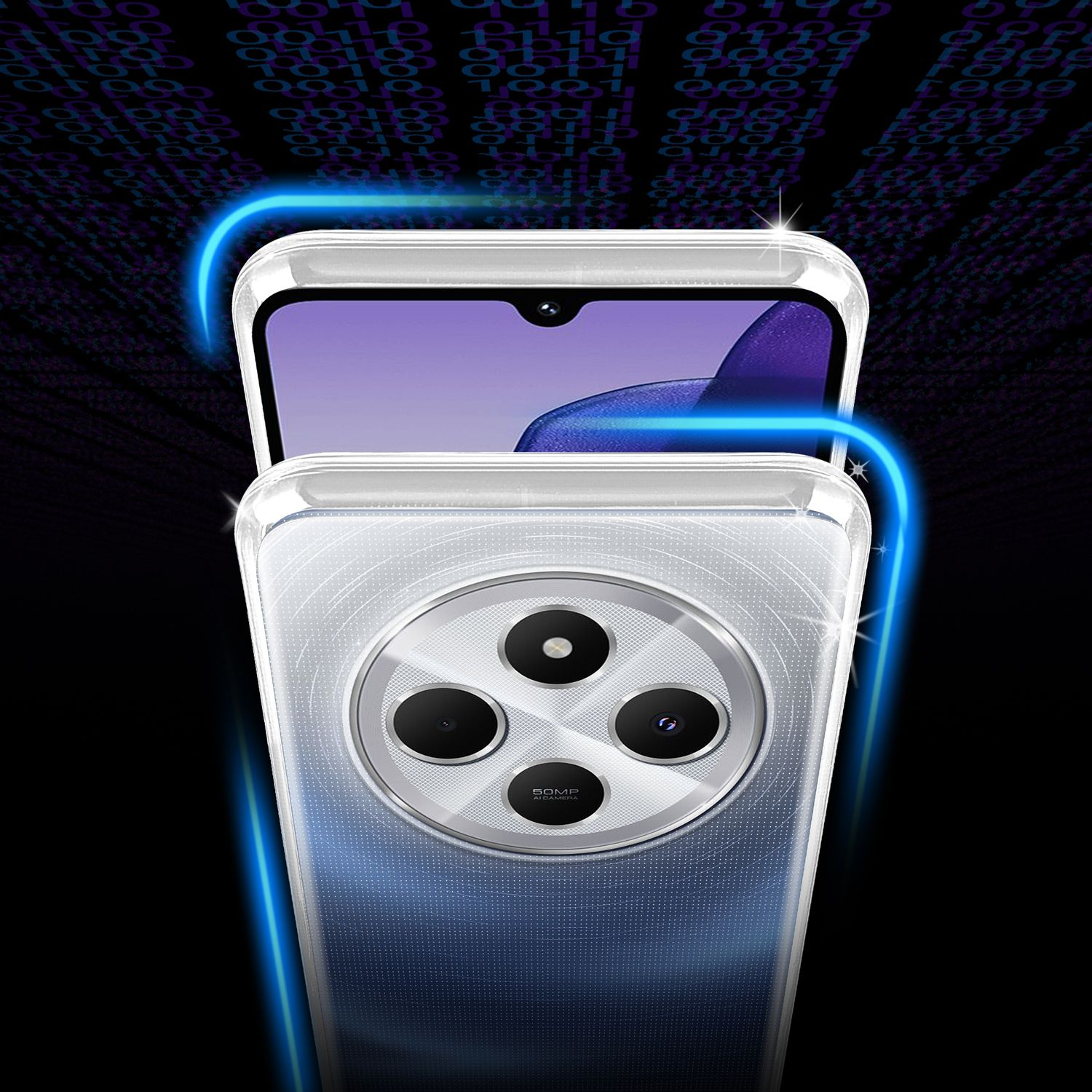 Ein Smartphone mit einer transparenten Hülle, die die Rückseite mit Kameras zeigt. Der Bildschirm zeigt Inhalte.