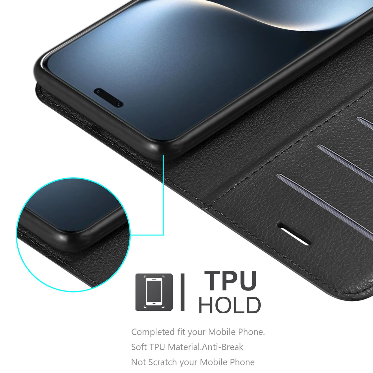 Schwarze Handyhülle mit Bildschirm, einem TPU HOLD-Symbol und einer Textbeschreibung.