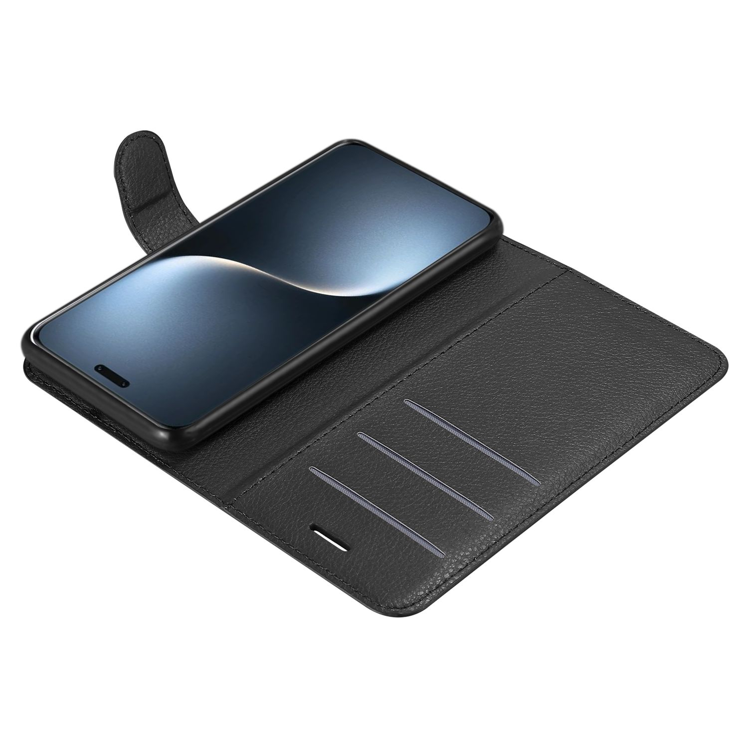 Geöffnete schwarze Handyhülle mit einem Telefon darin. Der Bildschirm zeigt ein blaues Bild.