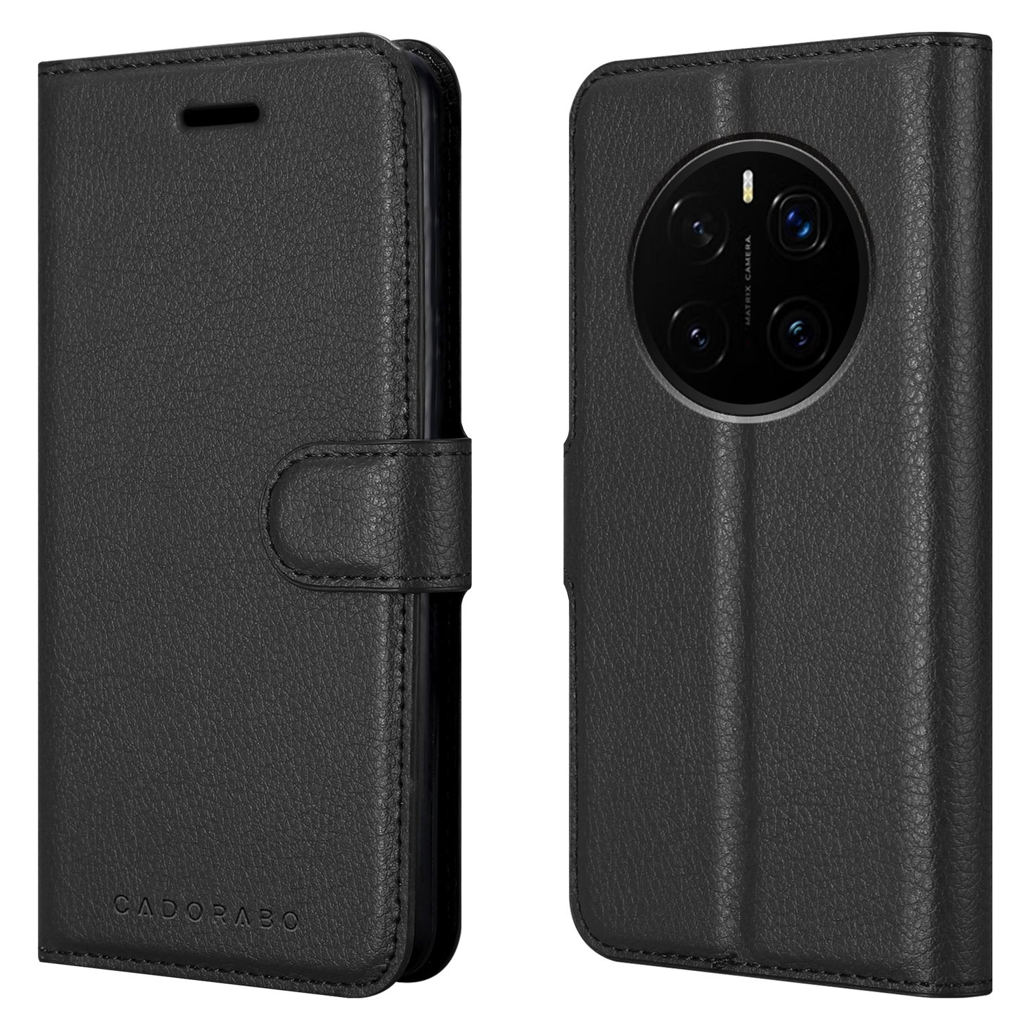 Schwarze Leder-Handyhülle. Offen mit Telefon innen und geschlossen mit Magnetverschluss.