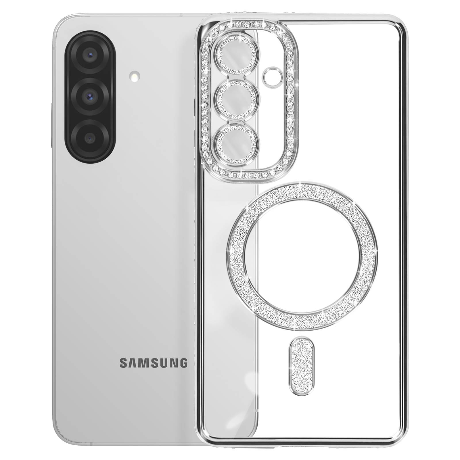 Un telefono Samsung bianco con una cover argentata ornata di strass. La cover ha un anello magsafe.
