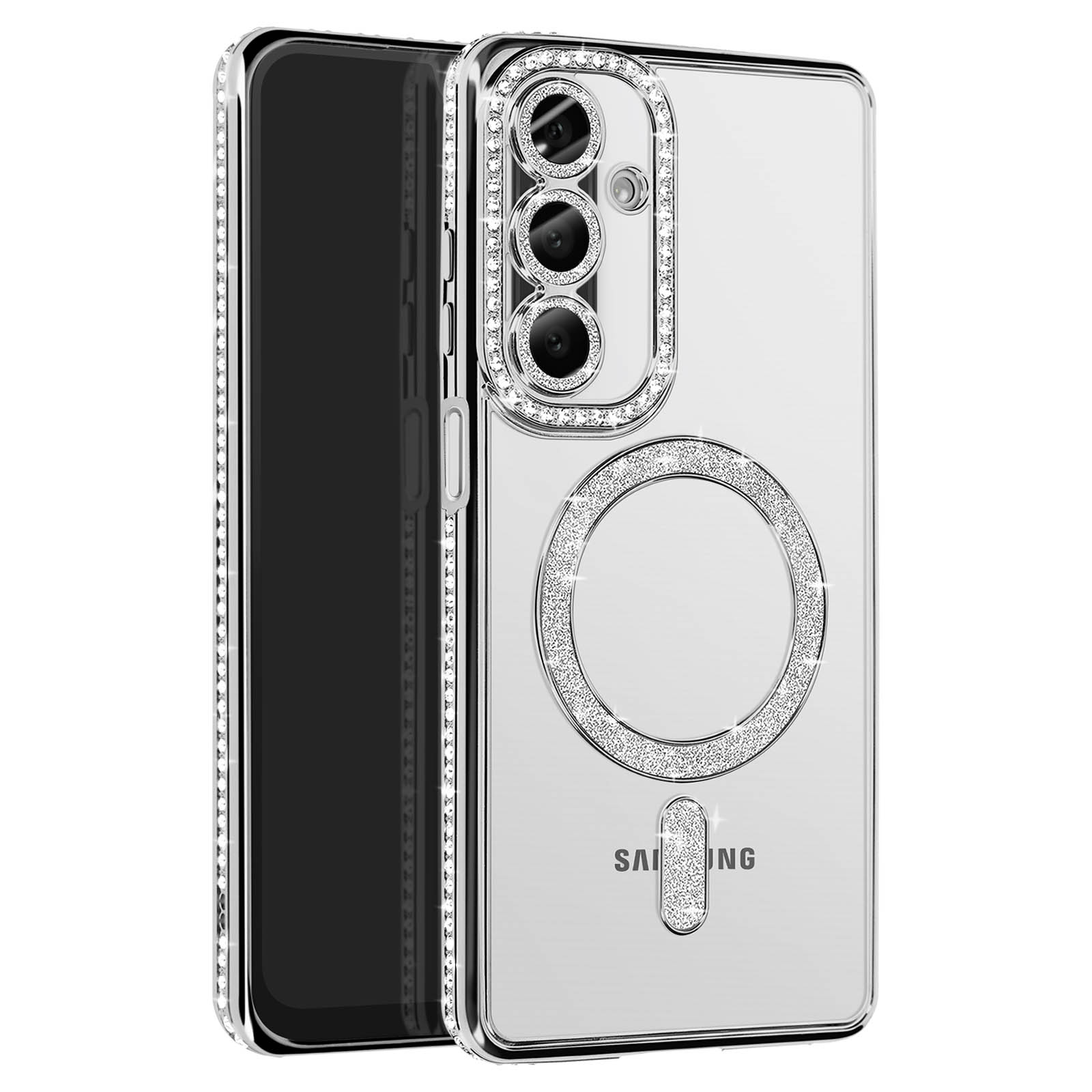 Custodia per telefono argentata con un anello di cristalli attorno alle fotocamere e un bordo di cristallo.